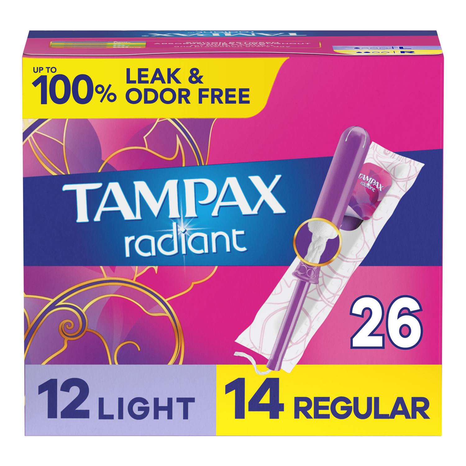 slide 1 of 8, Tampax Radiant Tampons Multipack, with LeakGuard Braid, Light/Regular Absorbency, Unscented, 26 Count, 26 ct