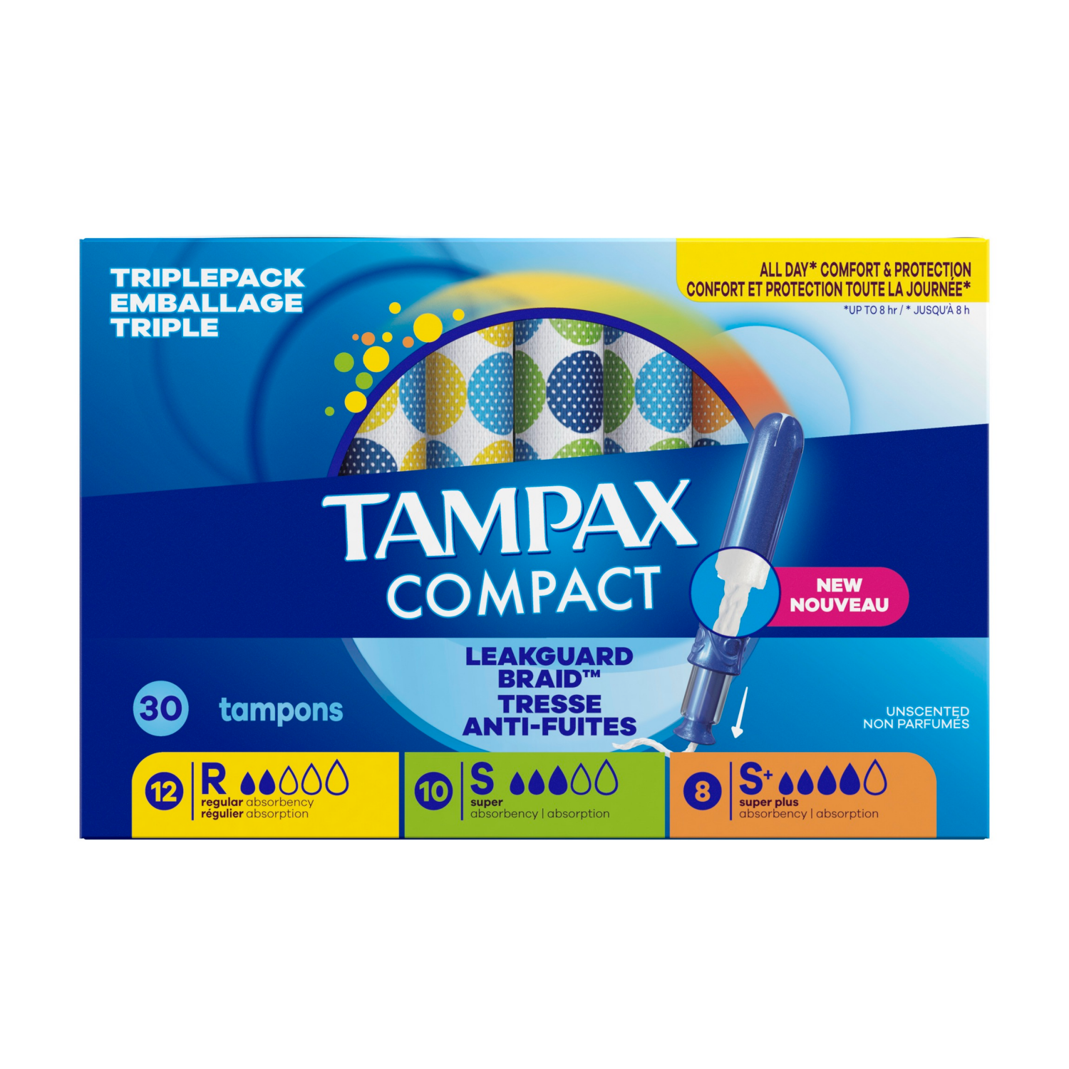 slide 3 of 8, Tampax Compact Pearl Tampons Multipack, with LeakGuard Braid & Extendable Applicator, Regular/Super/Plus Absorbency, Compact Extendable Applicator, Unscented, 30 Count, 30 ct