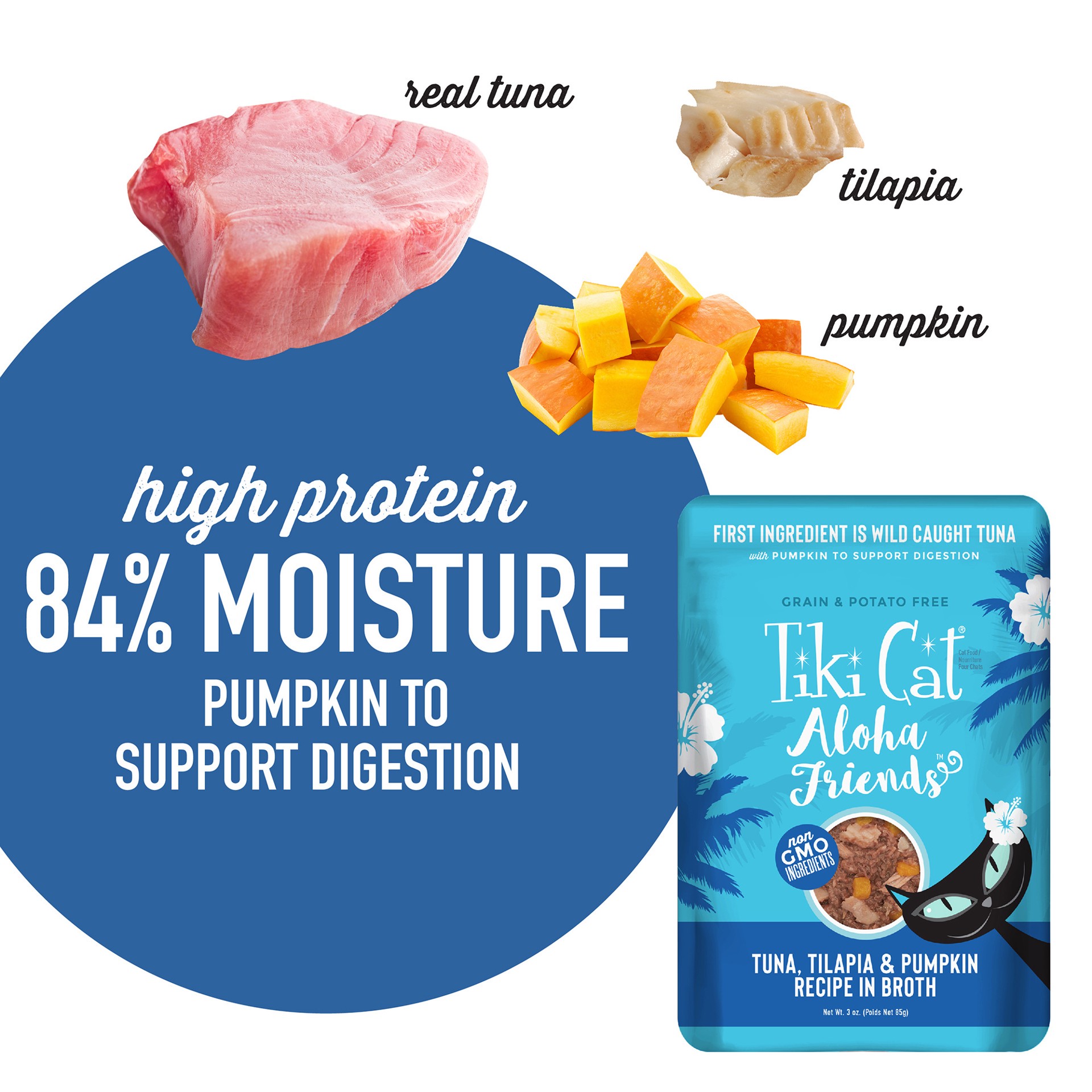 slide 8 of 8, Tiki Cat Aloha Friends Wet Cat Food Tuna Tilapia & Pumpkin 3 oz. Pouch, 1 ct