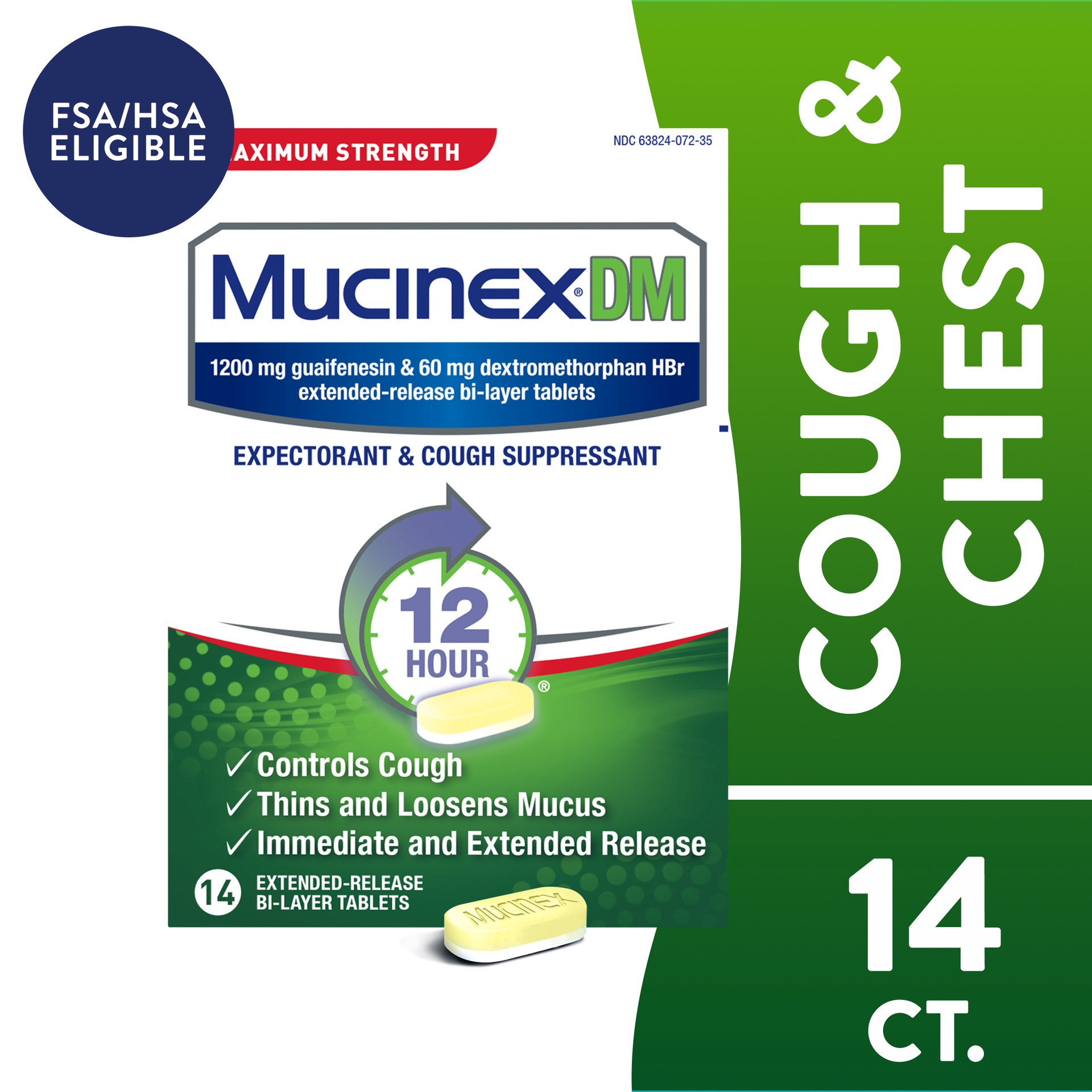 slide 1 of 49, Mucinex DM Maximum Strength 12-Hour Expectorant and Cough Suppressant Tablets, 14 Count, 14 ct