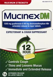 Mucinex DM Maximum Strength 12-Hour Expectorant and Cough Suppressant Tablets, 14 Count