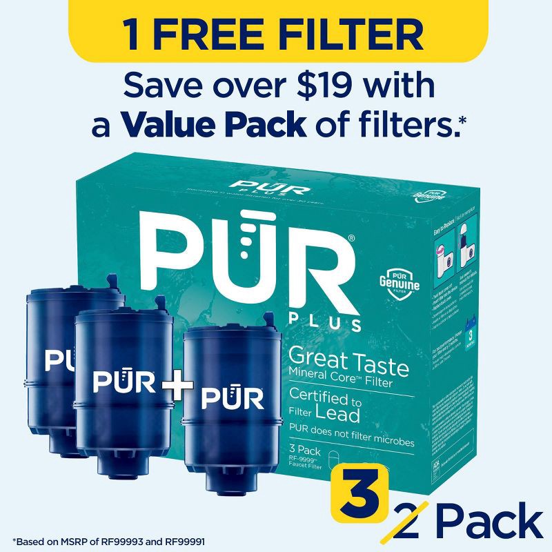 slide 2 of 8, PUR PLUS 3pk Faucet Mount Water Replacement Filter RF99993: PUR Filtration, Reduces Odors, Filters Lead & Mercury, 3 ct