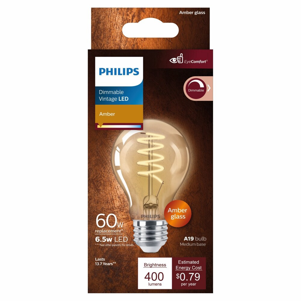 slide 4 of 5, Philips 6.5-Watt (60-Watt) Medium Base A19 Vintage Led Light Bulb, 1 ct