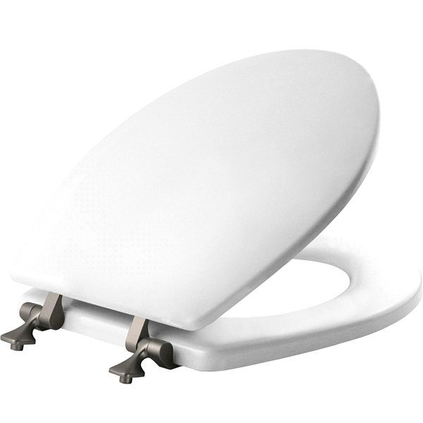 slide 3 of 5, Round Molded Wood Toilet Seat with Brushed-Nickel Hinge, and STA-TITE Seat Fastening System, White, 1 ct