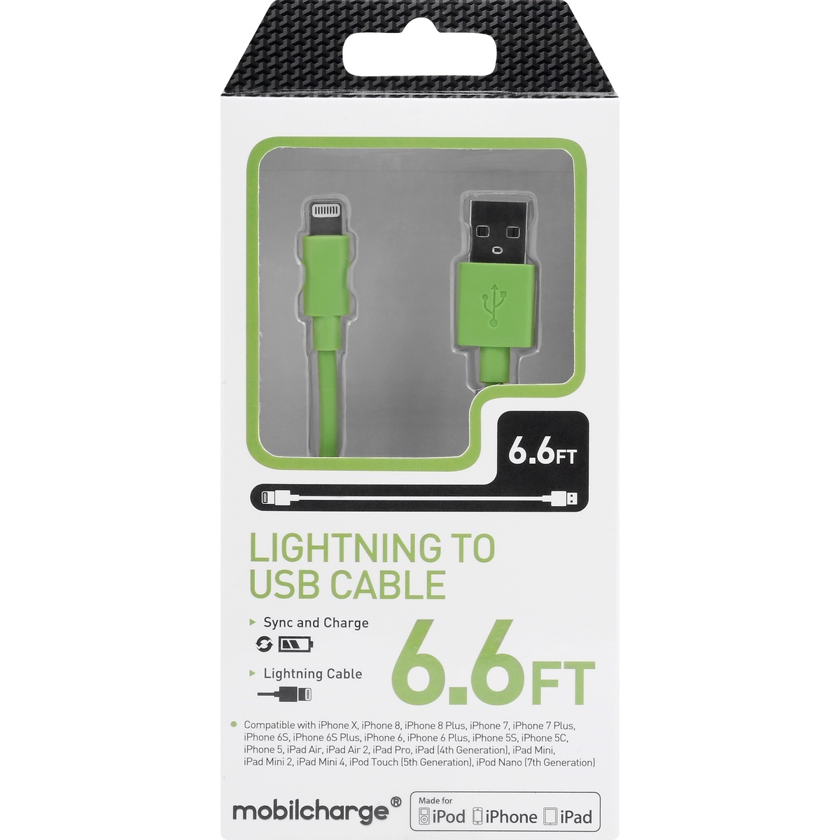 slide 1 of 1, Mobile Essentials Cable, Lightning to USB, Green, 6.6 Feet, 1 ct