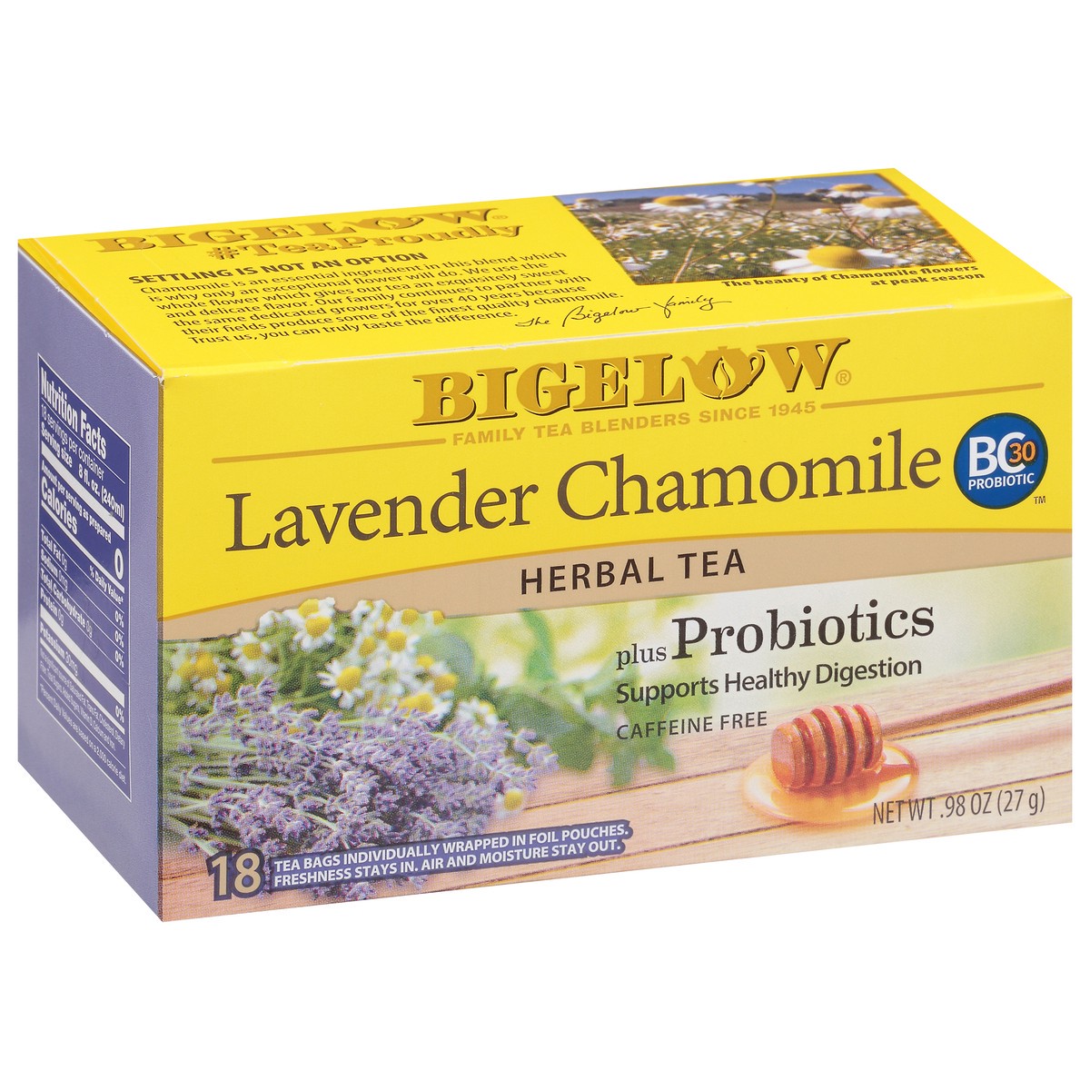 slide 2 of 9, Bigelow Tea Bags Plus Probiotics Caffeine Free Lavender Chamomile Herbal Tea 18 ea, 18 ct