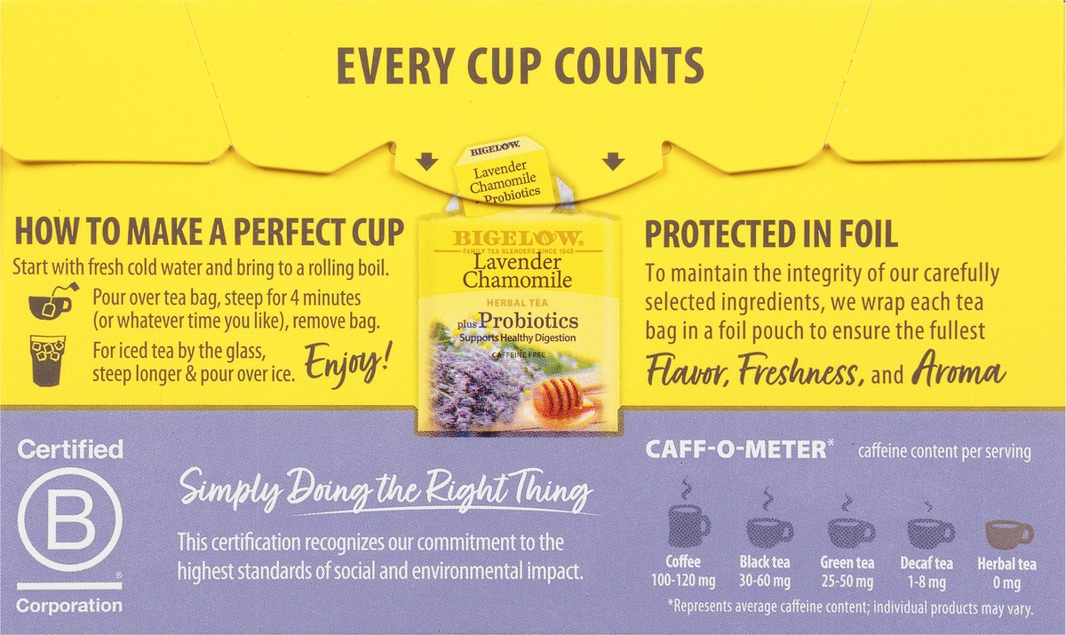 slide 5 of 9, Bigelow Tea Bags Plus Probiotics Caffeine Free Lavender Chamomile Herbal Tea 18 ea, 18 ct