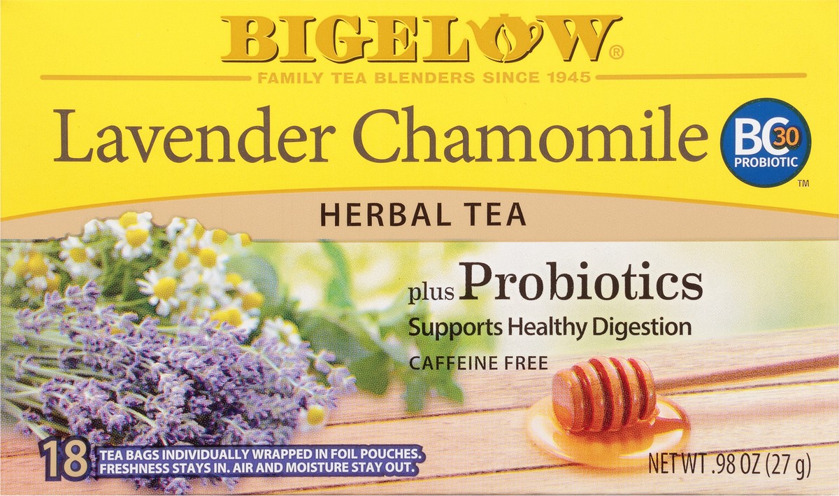 slide 6 of 9, Bigelow Tea Bags Plus Probiotics Caffeine Free Lavender Chamomile Herbal Tea 18 ea, 18 ct