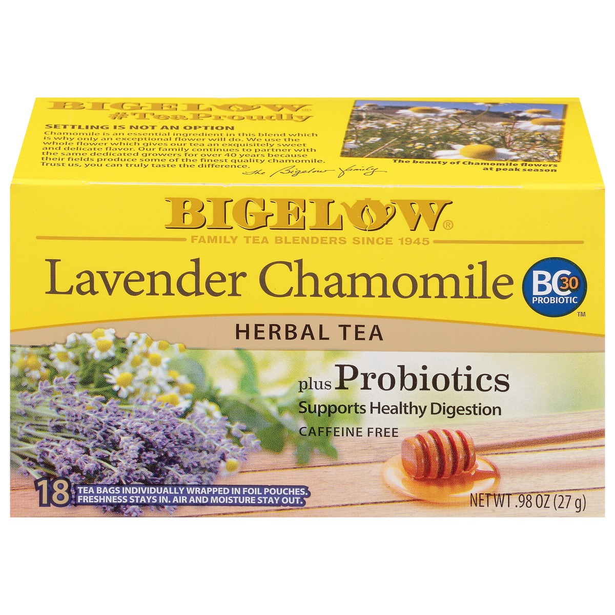 slide 1 of 9, Bigelow Tea Bags Plus Probiotics Caffeine Free Lavender Chamomile Herbal Tea 18 ea, 18 ct