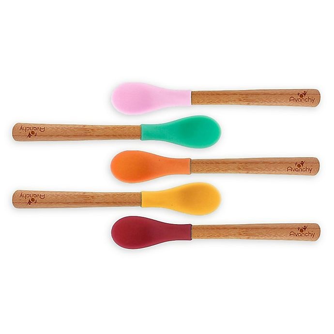 slide 1 of 5, Avanchy Bamboo + Silicone Infant Feeding Spoons - Pink, 5 ct