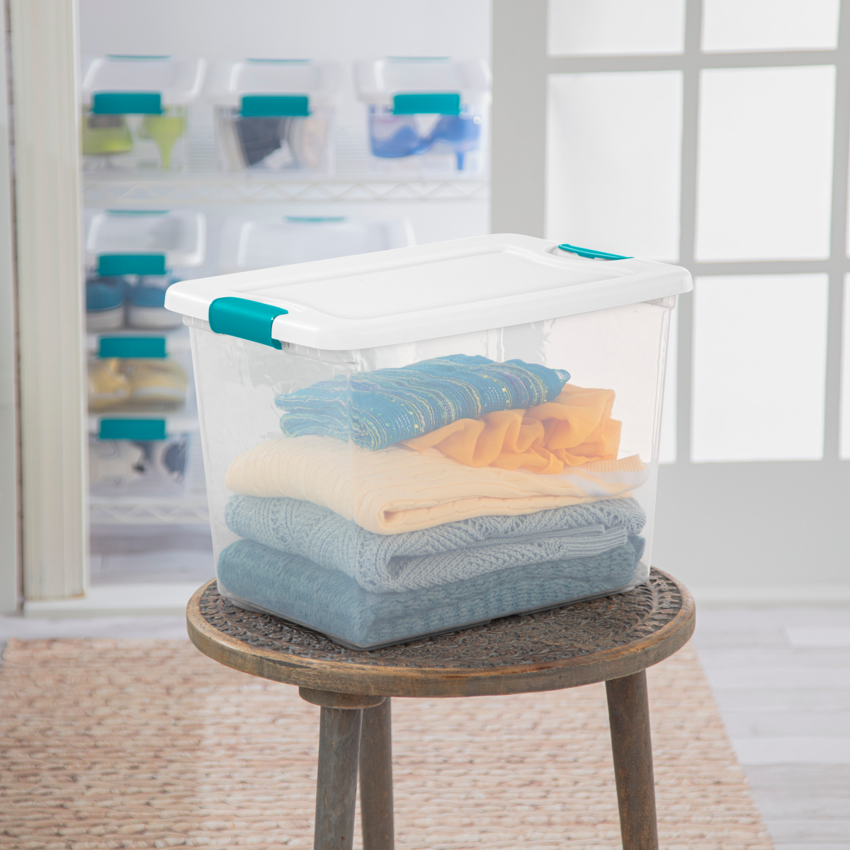 slide 7 of 17, Sterilite Storage Bins with White Lid with Blue Handles, 25 qt