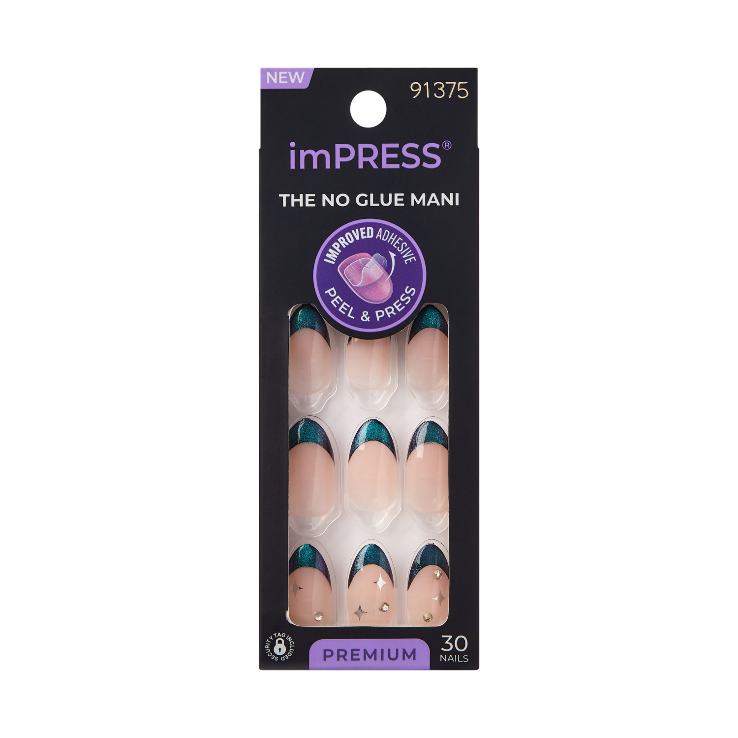 slide 1 of 2, KISS imPRESS No Glue Mani Press On Nails, Premium, Visions, Green, Med Almond, 30 ct, 30 ct