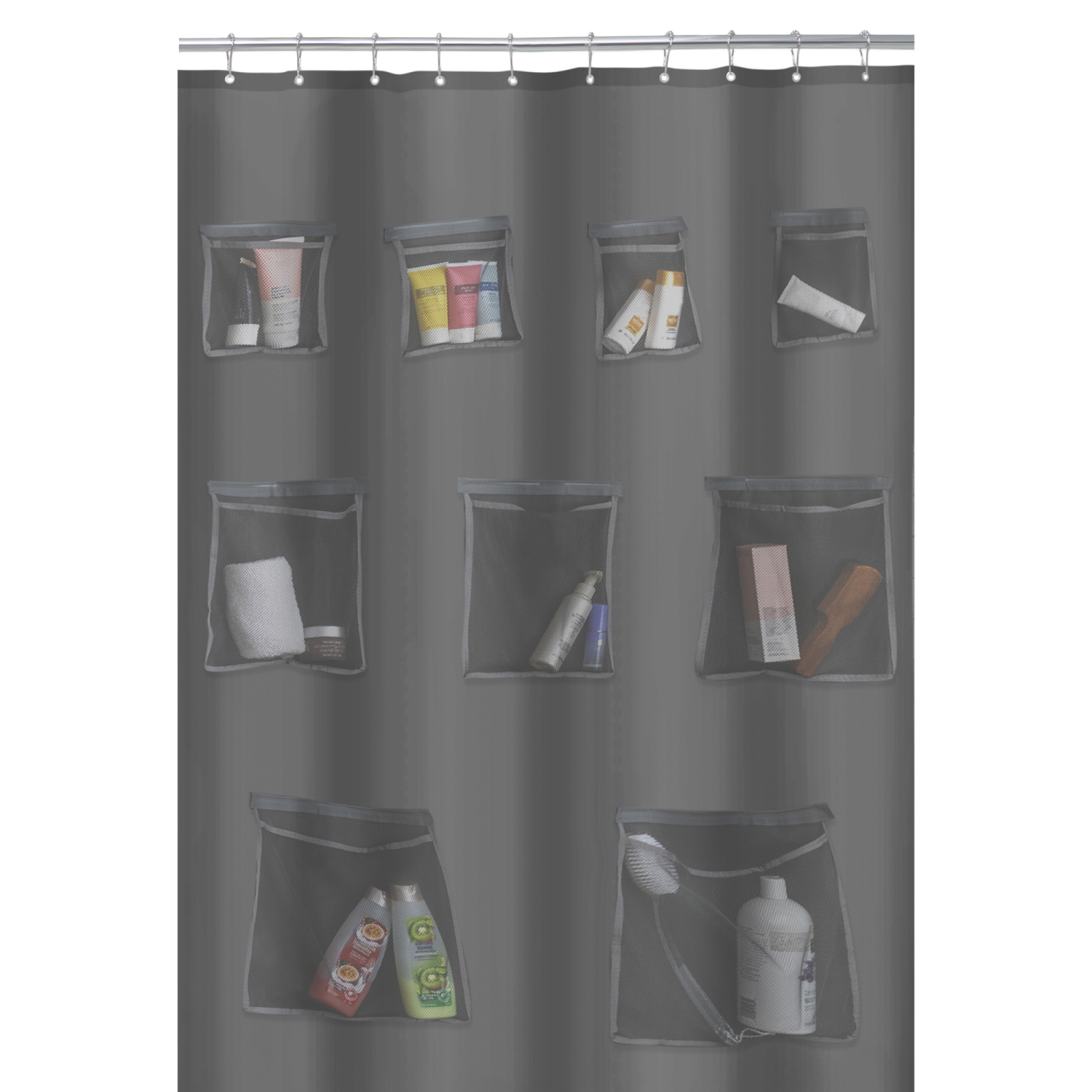 slide 2 of 5, Zenna Home Mesh Pockets PEVA Shower Curtain and Organizer, 70 in x 72 in, Grey, 70 x 72 