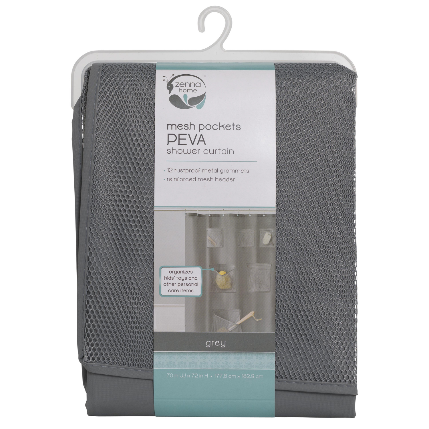 slide 3 of 5, Zenna Home Mesh Pockets PEVA Shower Curtain and Organizer, 70 in x 72 in, Grey, 70 x 72 
