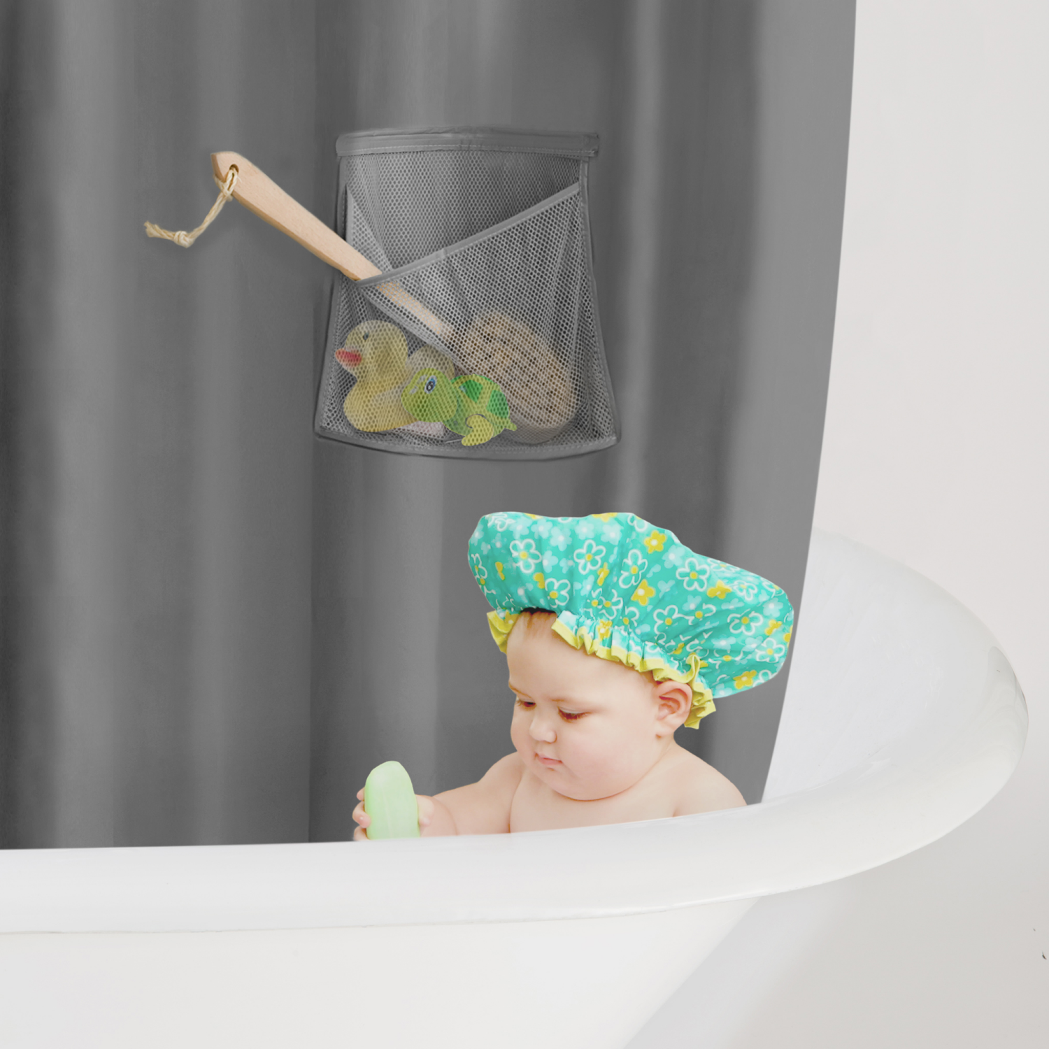 slide 5 of 5, Zenna Home Mesh Pockets PEVA Shower Curtain and Organizer, 70 in x 72 in, Grey, 70 x 72 