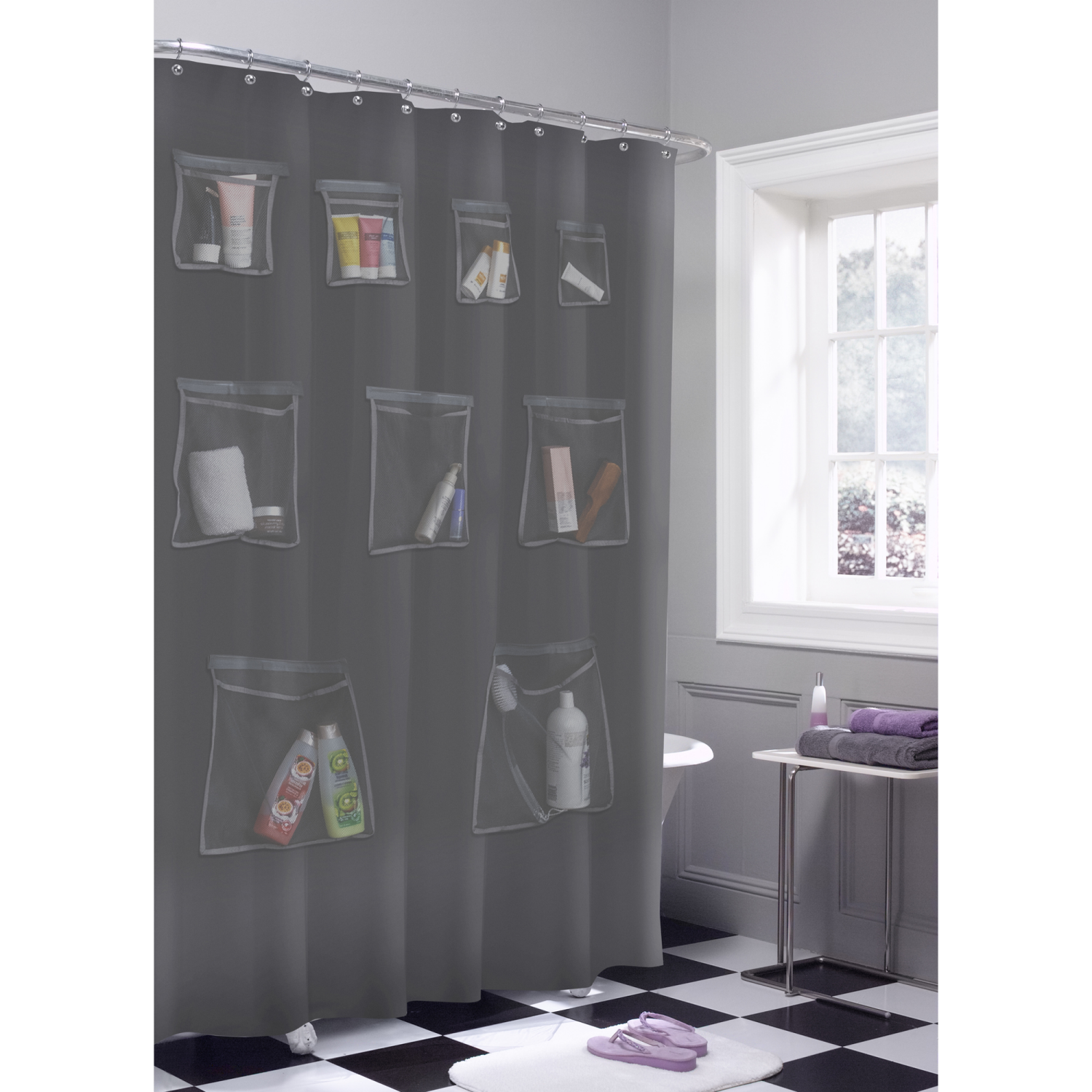 slide 1 of 5, Zenna Home Mesh Pockets PEVA Shower Curtain and Organizer, 70 in x 72 in, Grey, 70 x 72 
