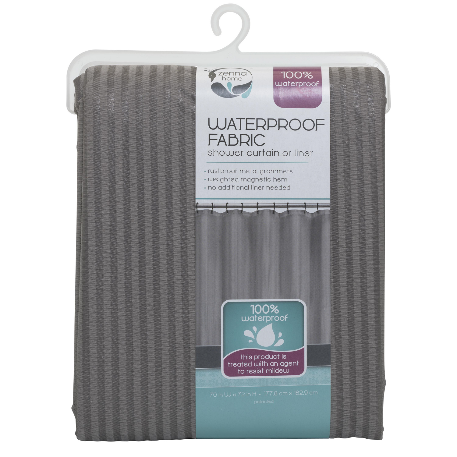 slide 3 of 5, Zenna Home Waterproof Striped Fabric Shower Curtain or Liner, Grey, 70 in x 72 in