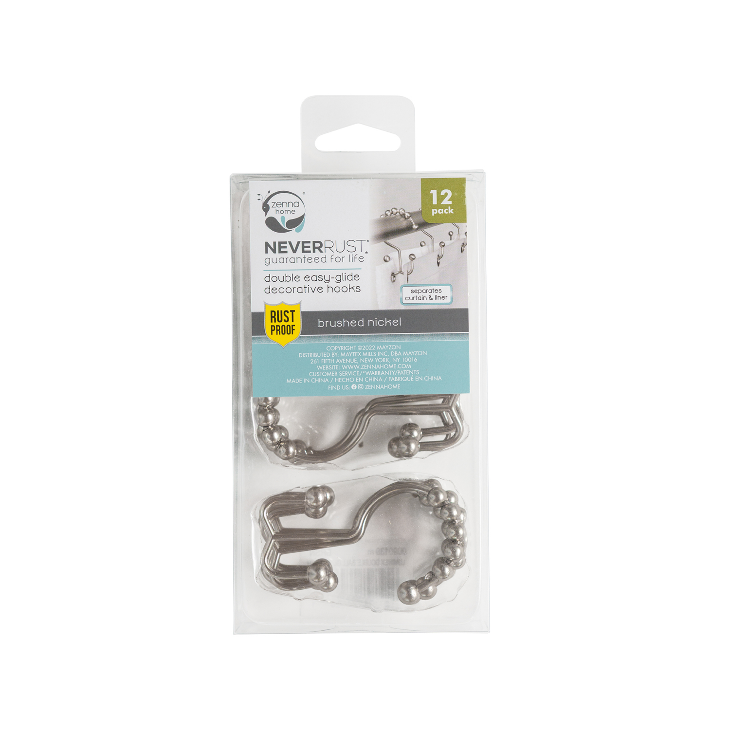 slide 2 of 3, Zenna Home NeverRust Easy-Glide Double Decorative Shower Hooks, Brushed Nickel, 1 ct