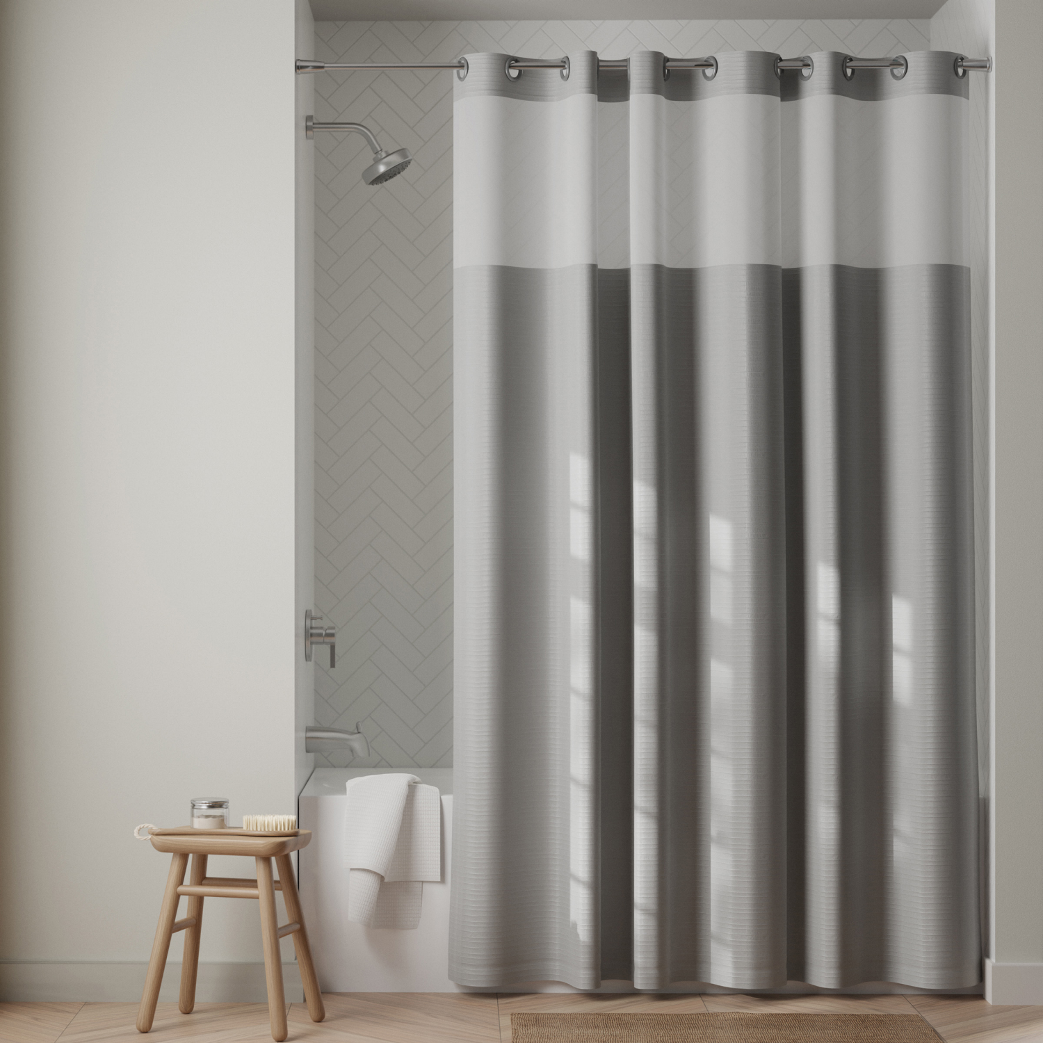slide 1 of 6, Zenna Home InstaCurtain Kadin Fabric Shower Curtain with View, 71 x 74 in, Grey, 1 ct