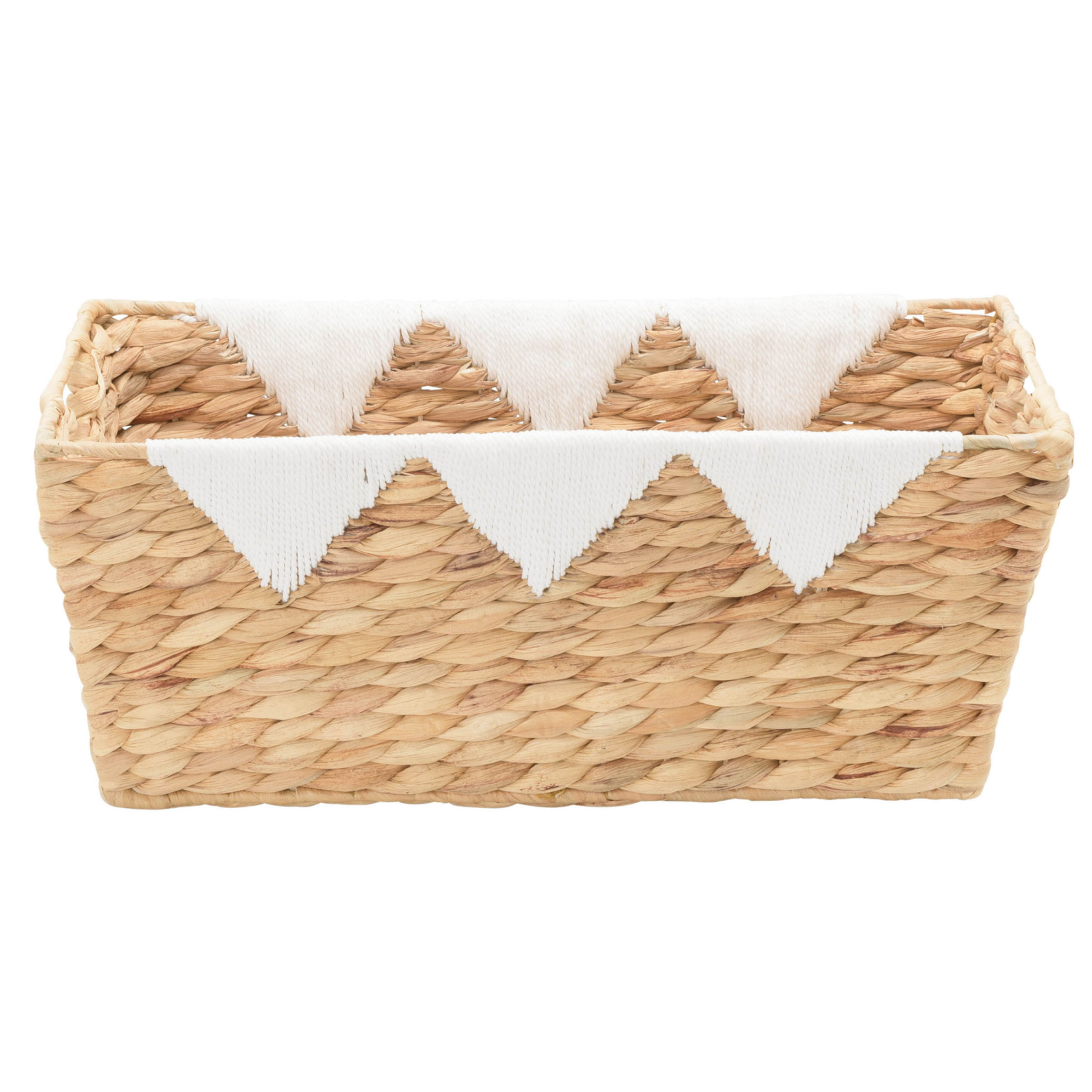 slide 2 of 8, Natural Water Hyacinth Rectangle Tapered Basket With Cream Yarn Triangle Trim Accent, 1 ct