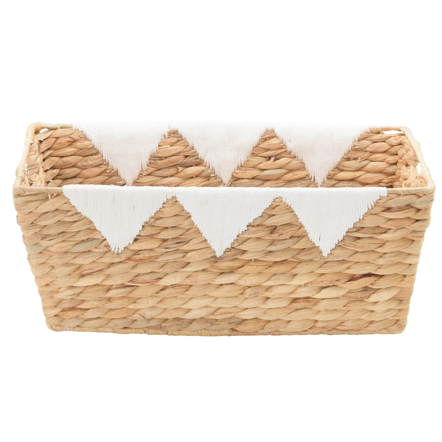 slide 3 of 8, Natural Water Hyacinth Rectangle Tapered Basket With Cream Yarn Triangle Trim Accent, 1 ct