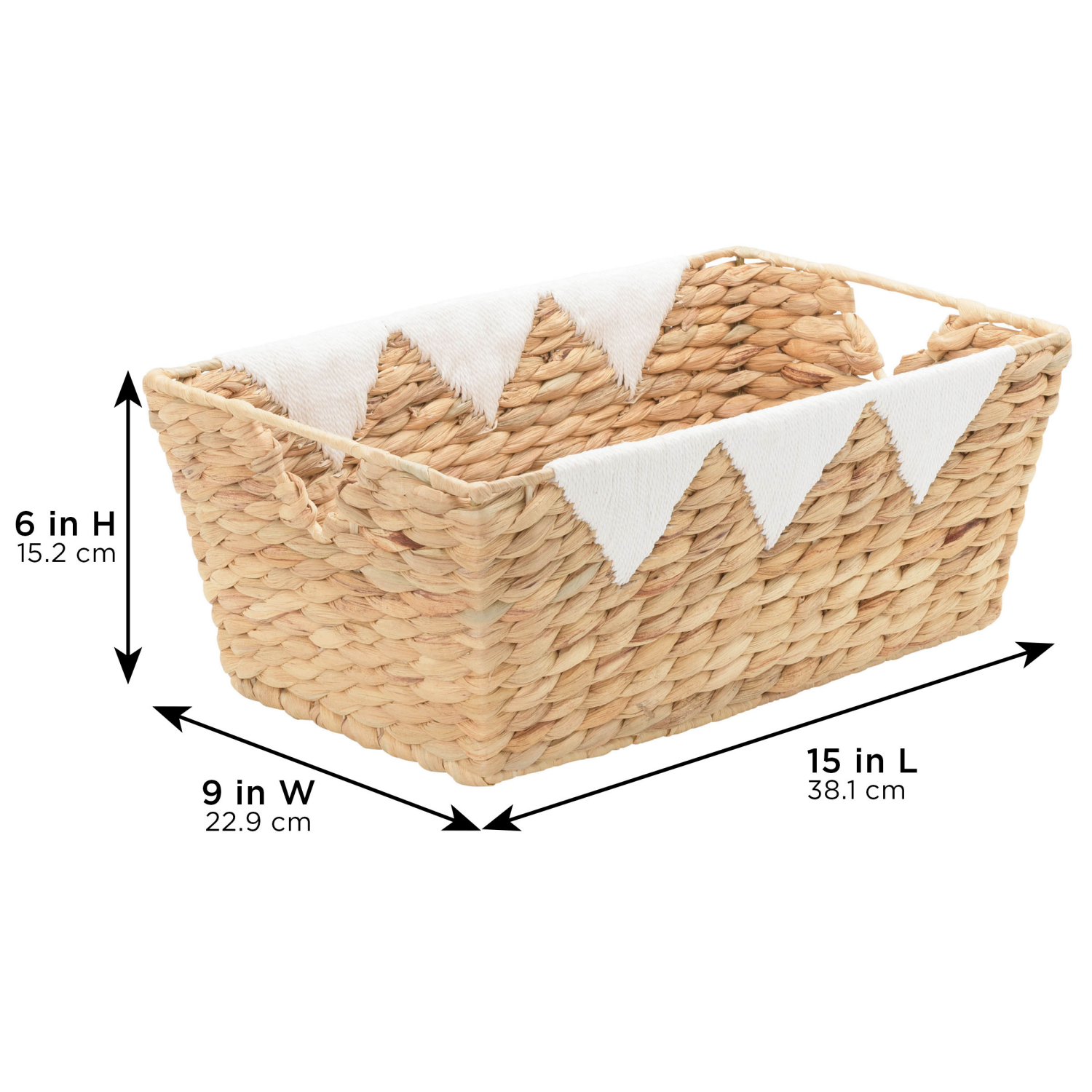 slide 5 of 8, Natural Water Hyacinth Rectangle Tapered Basket With Cream Yarn Triangle Trim Accent, 1 ct
