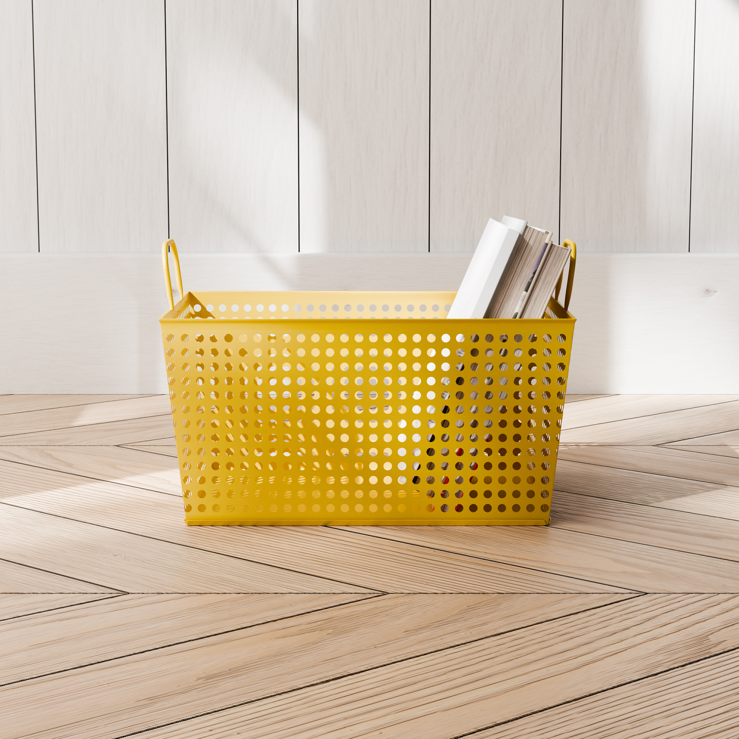 slide 1 of 4, RGI Perforated Metal Rectangular Tapered Basket Misted Marigold, 1 ct