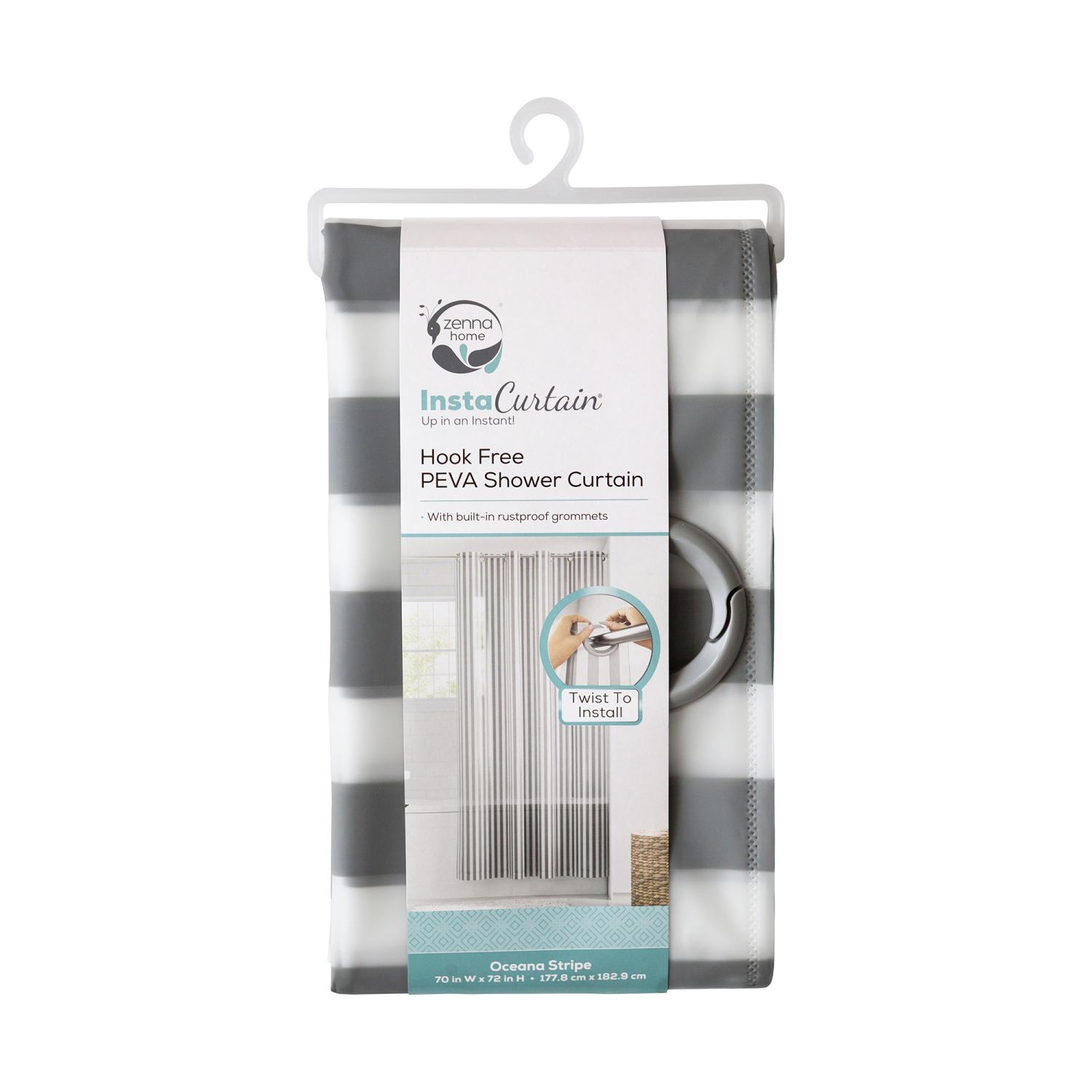 slide 2 of 4, Zenna Home InstaCurtain Hook-Free PEVA Shower Curtain, Oceana Stripe Grey, 1 ct