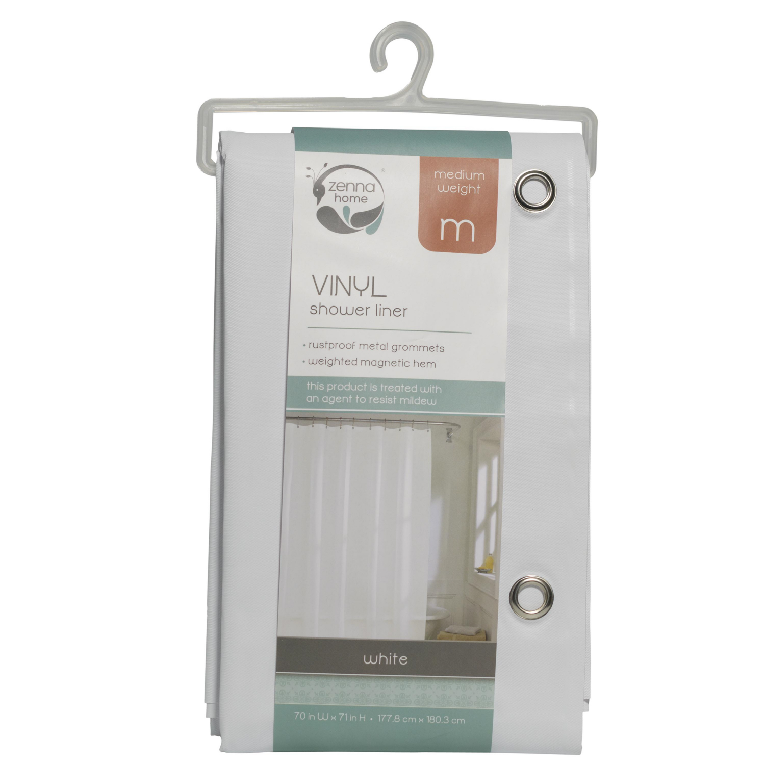 slide 3 of 4, Zenna Home Medium Weight Vinyl Shower Curtain Liner, 70 in x 71 in, White, 5 gauge