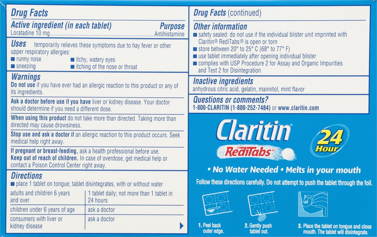 slide 8 of 9, Claritin RediTabs Non-Drowsy 10 mg Original Prescription Strength Allergy 60 Tablets, 60 ct