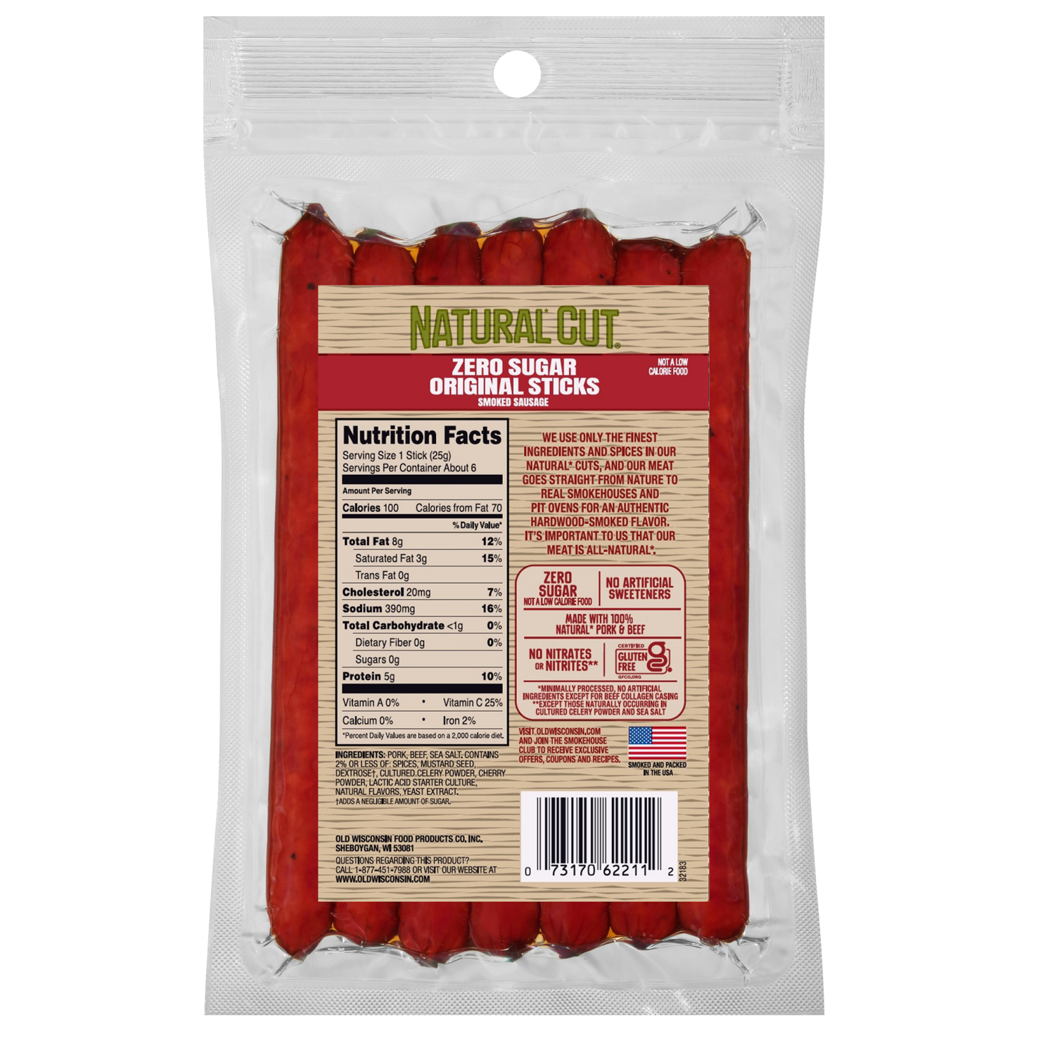 slide 2 of 2, Old Wisconsin Natural Cut Zero Sugar Smoked Sausage Original Sticks 5 oz, 5 oz