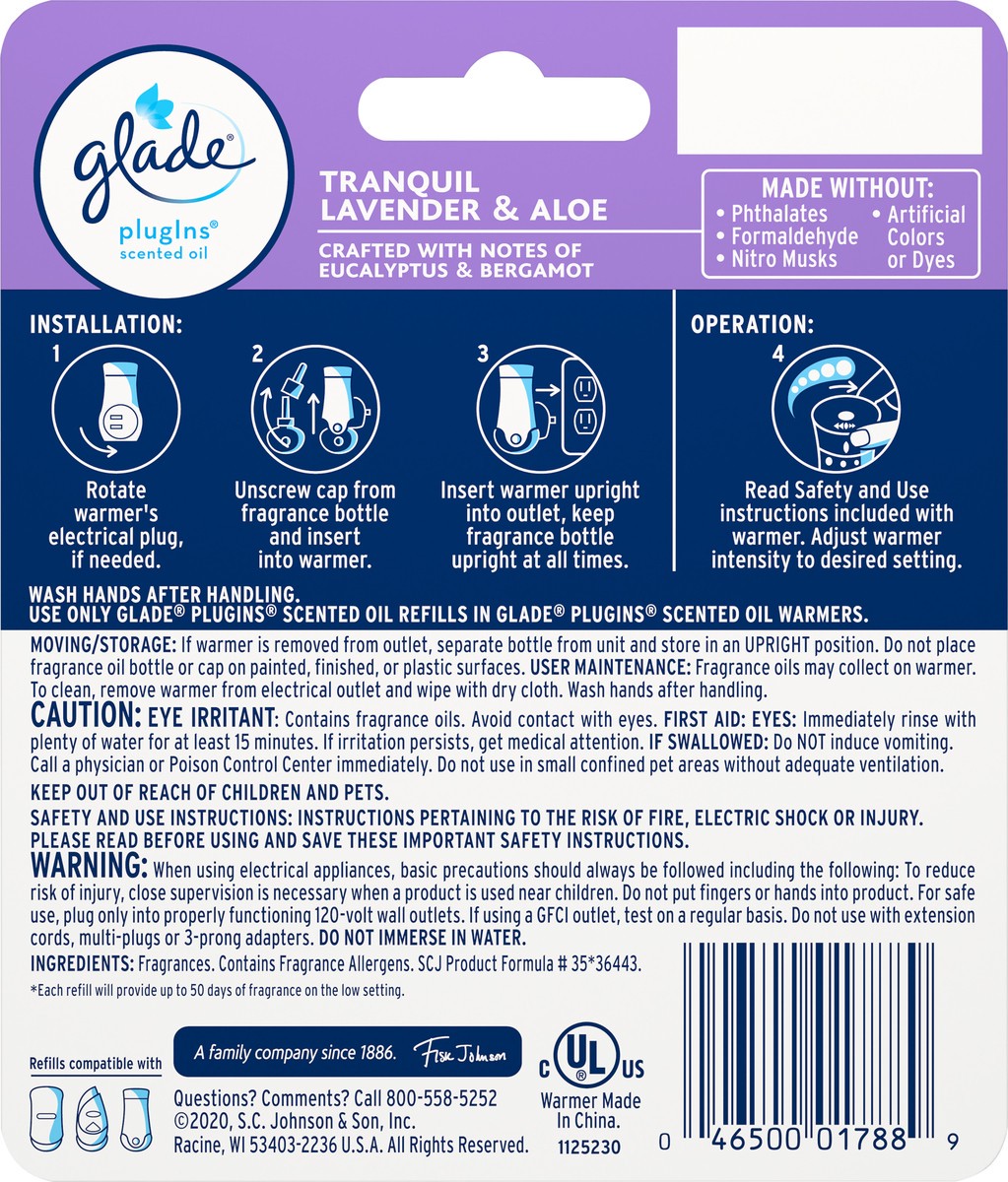 slide 5 of 5, Glade PlugIns Tranquil Lavender & Aloe Scented Oil Warmer 1 ea, 0.67 fl oz