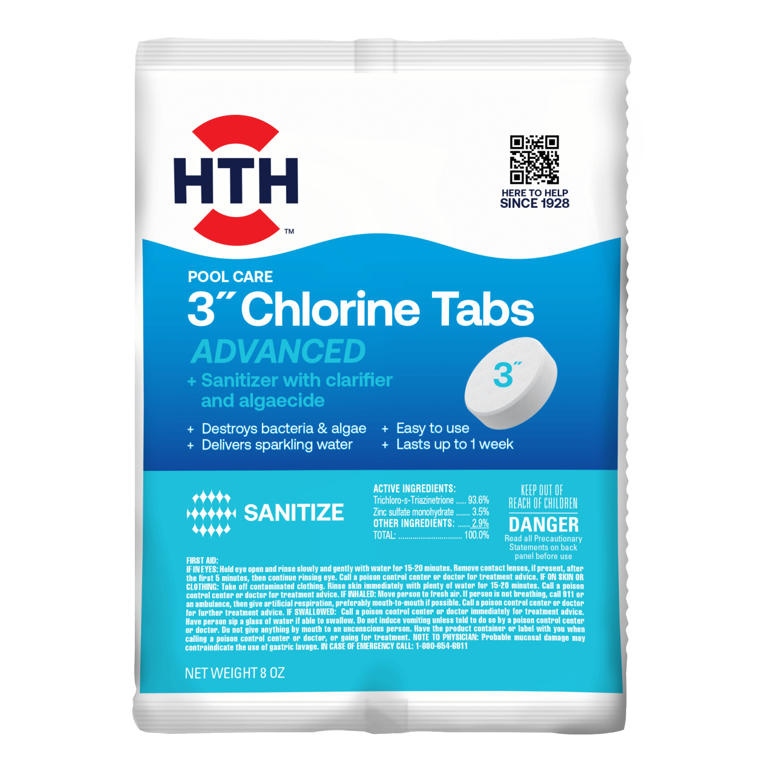 slide 1 of 2, HTH Pool Care 3" Chlorine Tabs Advanced, Sanitizer & Algaecide, Kills Algae and Bacteria, 8 oz