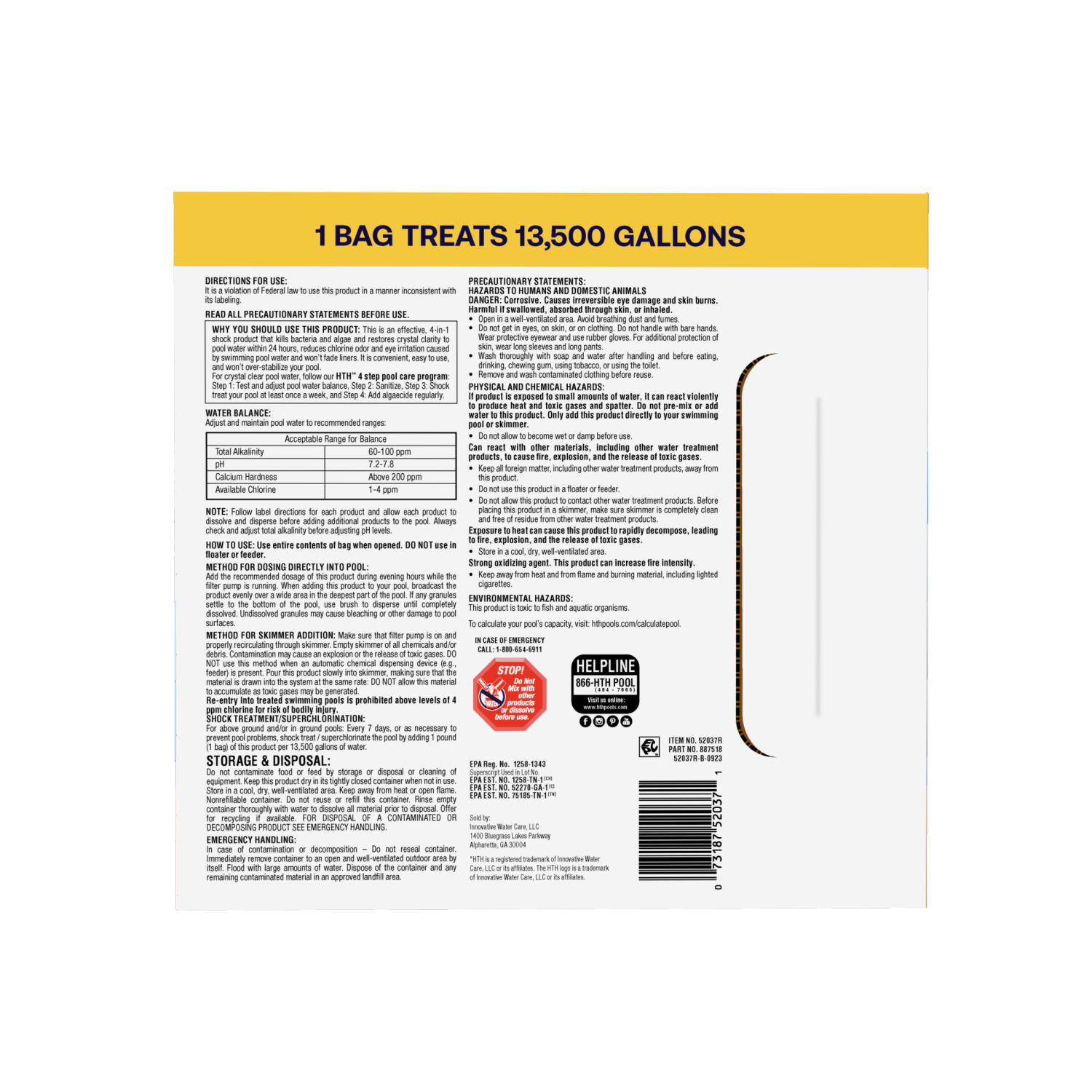 slide 2 of 2, HTH Pool Care Shock Advanced, Prevents Bacteria & Algae, Cal Hypo Formula (Pack of 12), 1 lb