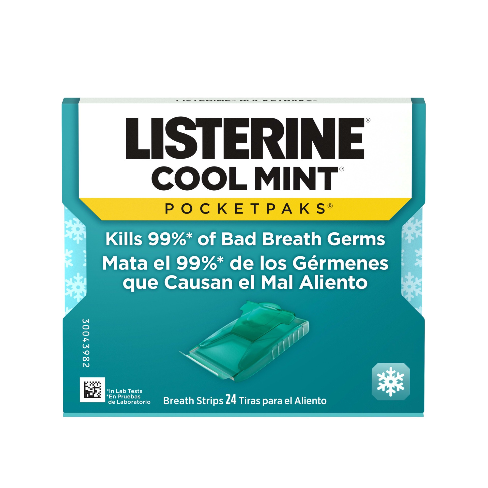 slide 1 of 9, Listerine Cool Mint PocketPaks Portable Breath Strips for Bad Breath, Fresh Breath Strips Dissolve Instantly to Kill 99% of Bad Breath Germs* On-the-Go, Cool Mint, 24-Strip Pack, 24 ct