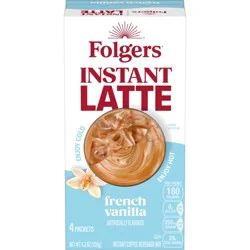 Folgers French Vanilla Instant Latte Packets, Artificially Flavored Instant Coffee Beverage Mix, 4 Count