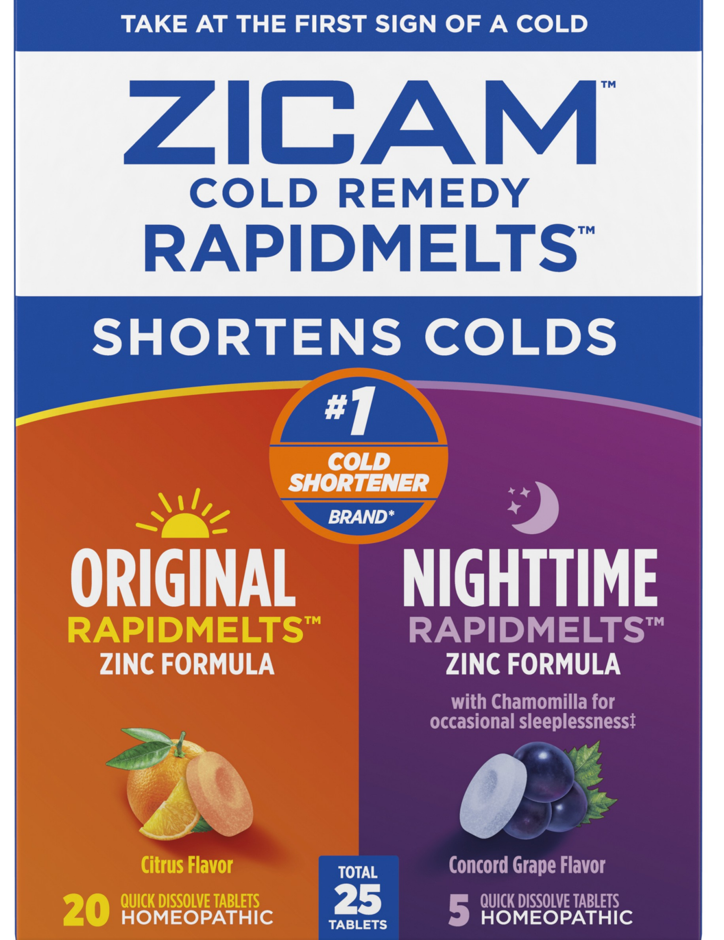 slide 1 of 1, Zicam Cold Remedy Rapidmelts Original + Nighttime, 20 Original and 5 Nighttime Quick-Dissolve Tablets, 25 ct