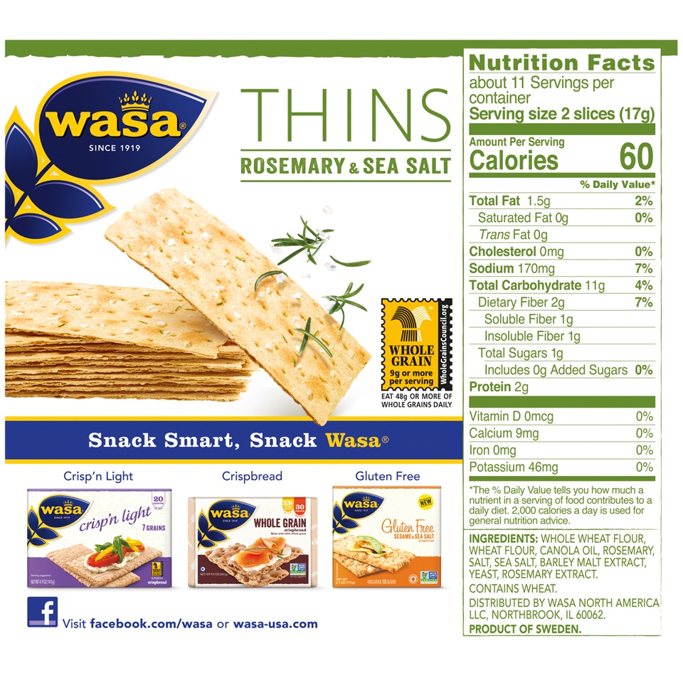 slide 2 of 8, Wasa Thins Swedish Style Rosemary & Sea Salt Flatbread 6.7 oz, 10 ct