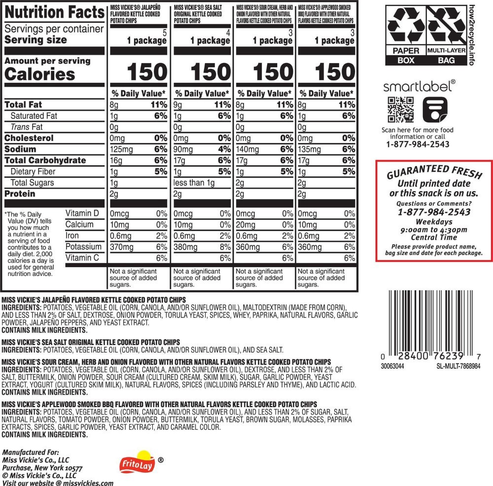 slide 2 of 6, Miss Vickie's Kettle Cooked Potato Chips Variety Pack 1 Oz, 15 Count, 15 ct