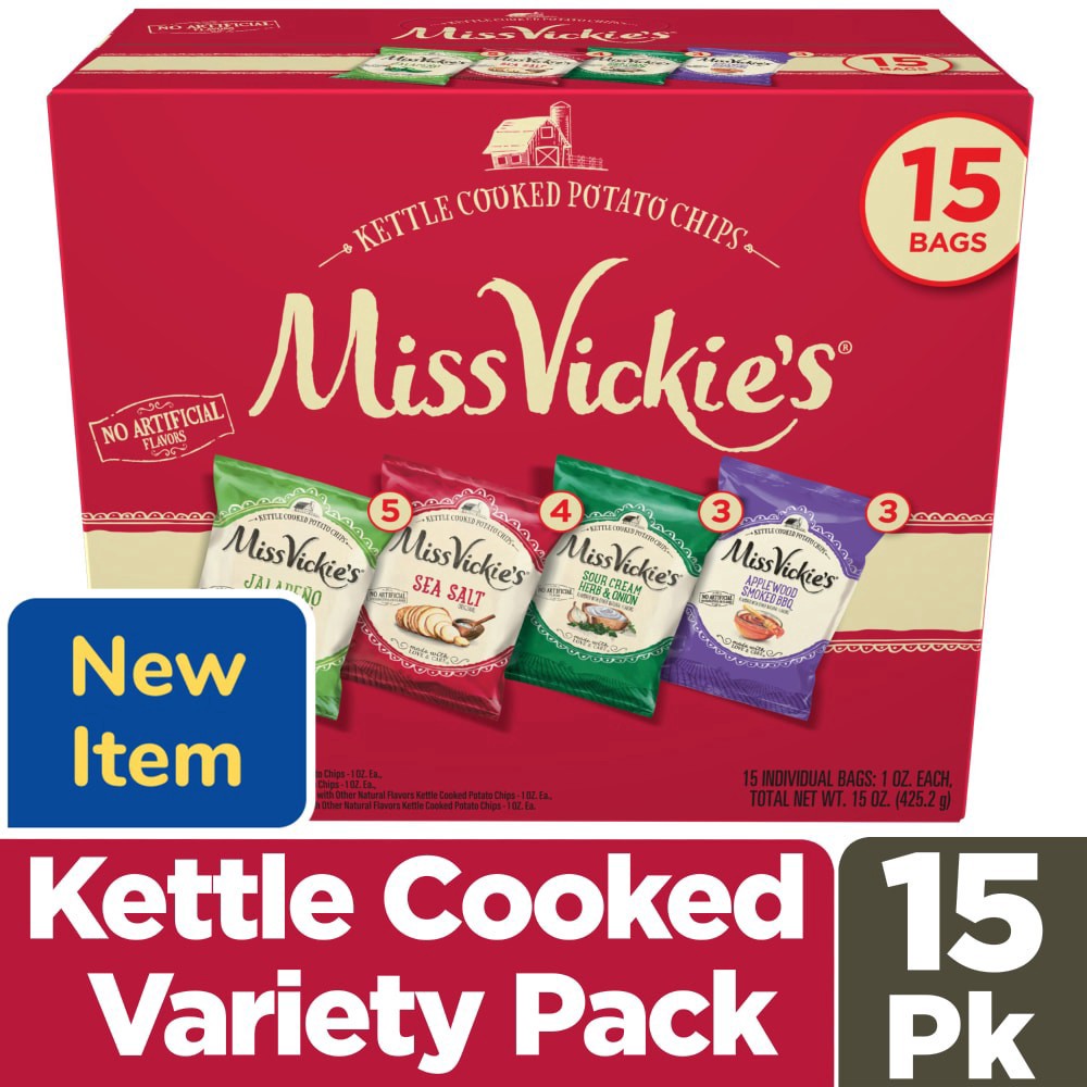 slide 1 of 6, Miss Vickie's Kettle Cooked Potato Chips Variety Pack 1 Oz, 15 Count, 15 ct
