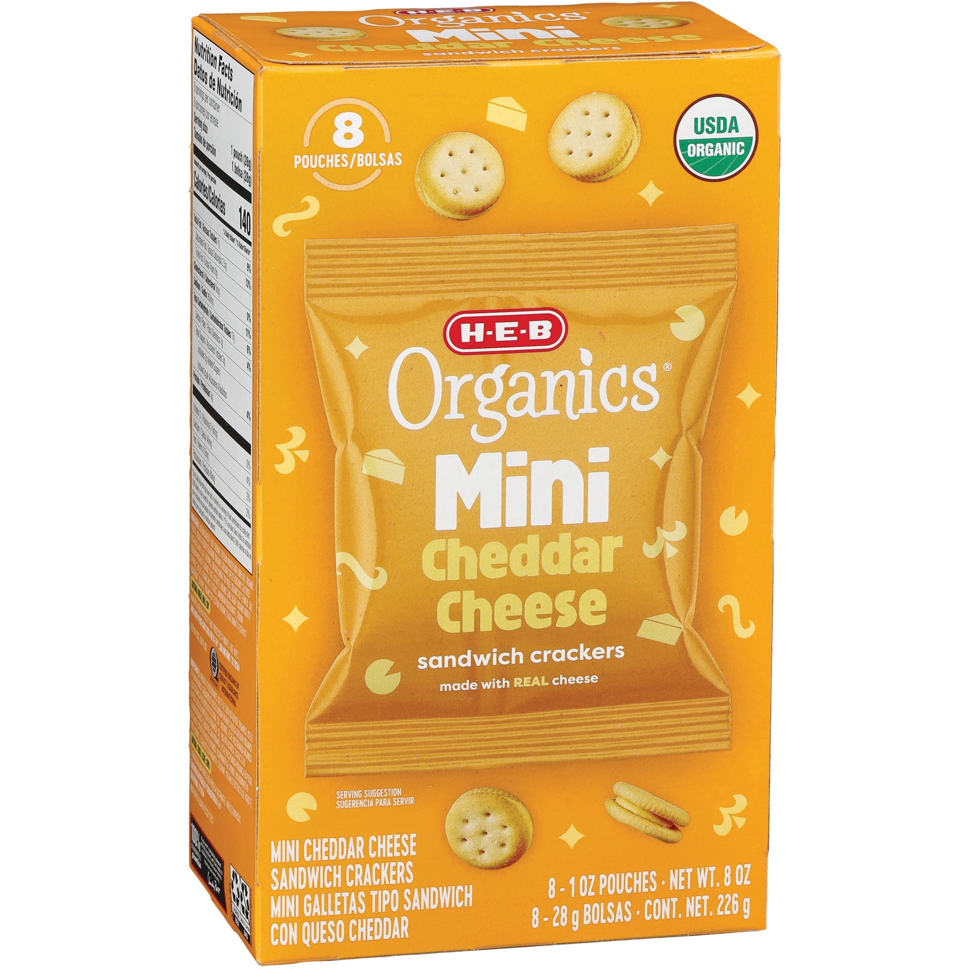 slide 1 of 1, H-E-B Organics Mini Cheddar Cheese Sandwich Crackers 1 oz Bags, 8 ct