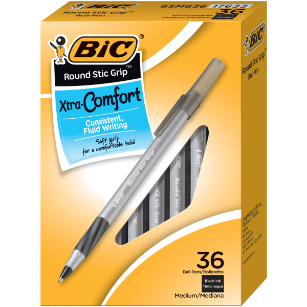 slide 1 of 1, BIC Round Stic Grip Pen Medium Black, 36 ct