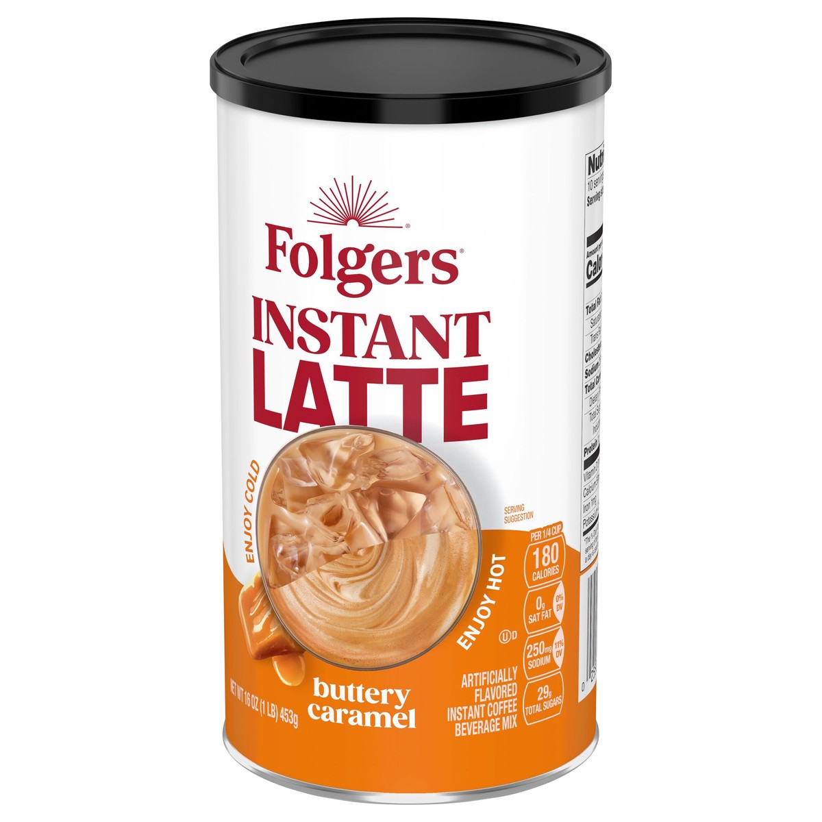 slide 7 of 11, Folgers Buttery Caramel Instant Latte, Artificially Flavored Instant Coffee Beverage Mix, 16-Oz. Canister, 16 oz