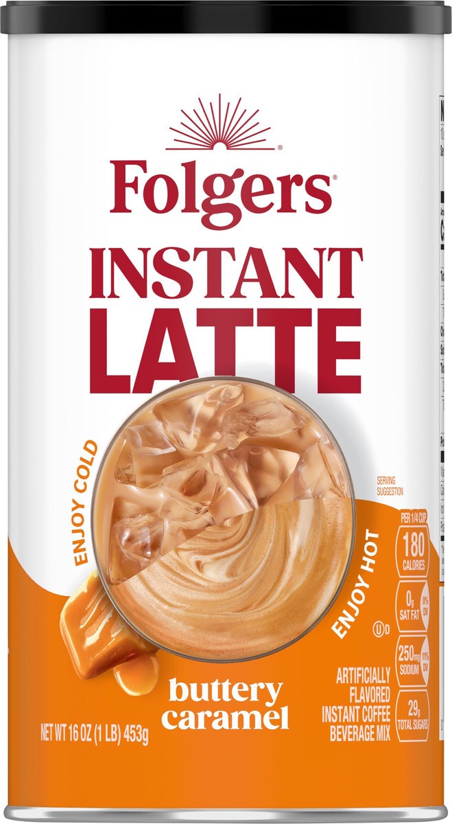 slide 2 of 11, Folgers Buttery Caramel Instant Latte, Artificially Flavored Instant Coffee Beverage Mix, 16-Oz. Canister, 16 oz