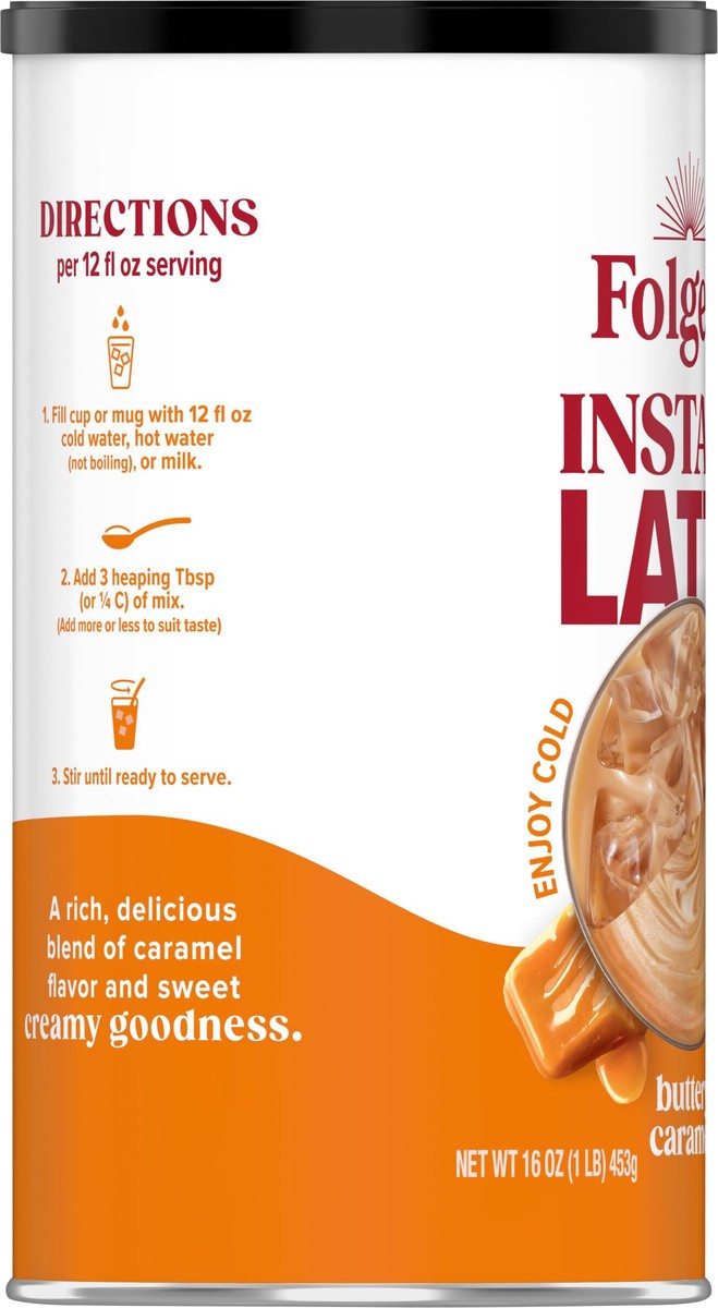 slide 3 of 11, Folgers Buttery Caramel Instant Latte, Artificially Flavored Instant Coffee Beverage Mix, 16-Oz. Canister, 16 oz