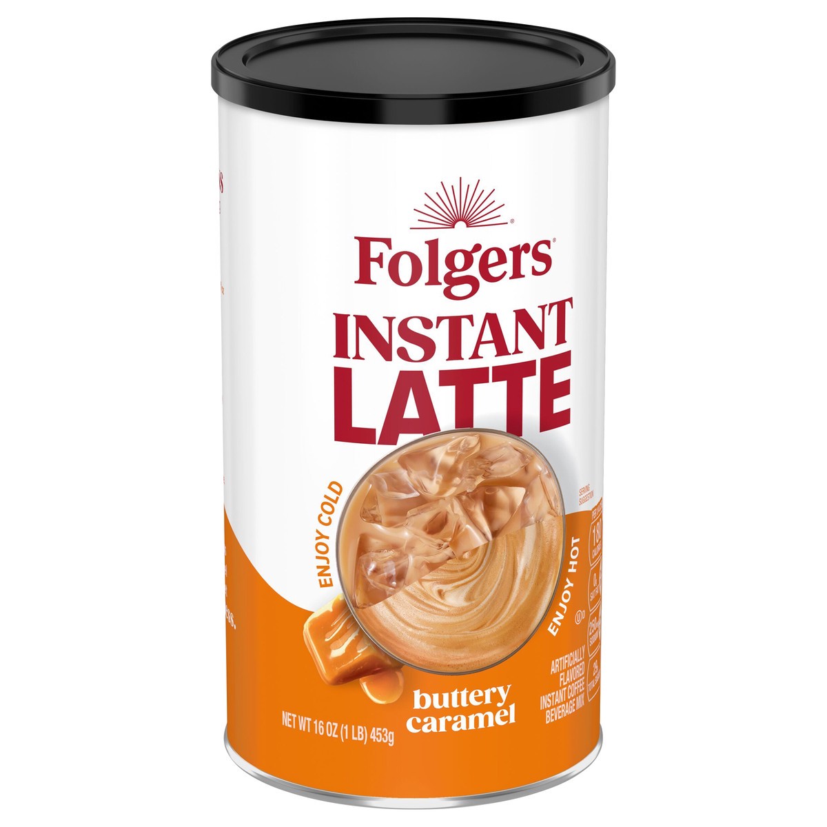 slide 8 of 11, Folgers Buttery Caramel Instant Latte, Artificially Flavored Instant Coffee Beverage Mix, 16-Oz. Canister, 16 oz