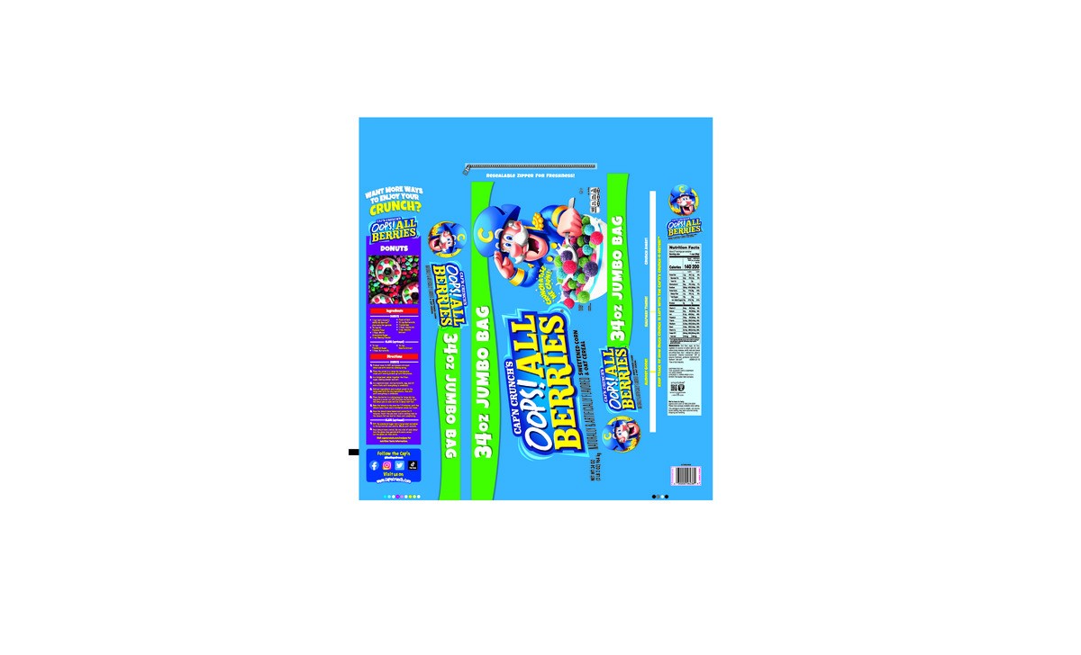 slide 7 of 8, Cap'n Crunch Sweetened Corn & Oat Cereal Oops All Berries Naturally And Artificially Flavored 34 Oz, 34 oz