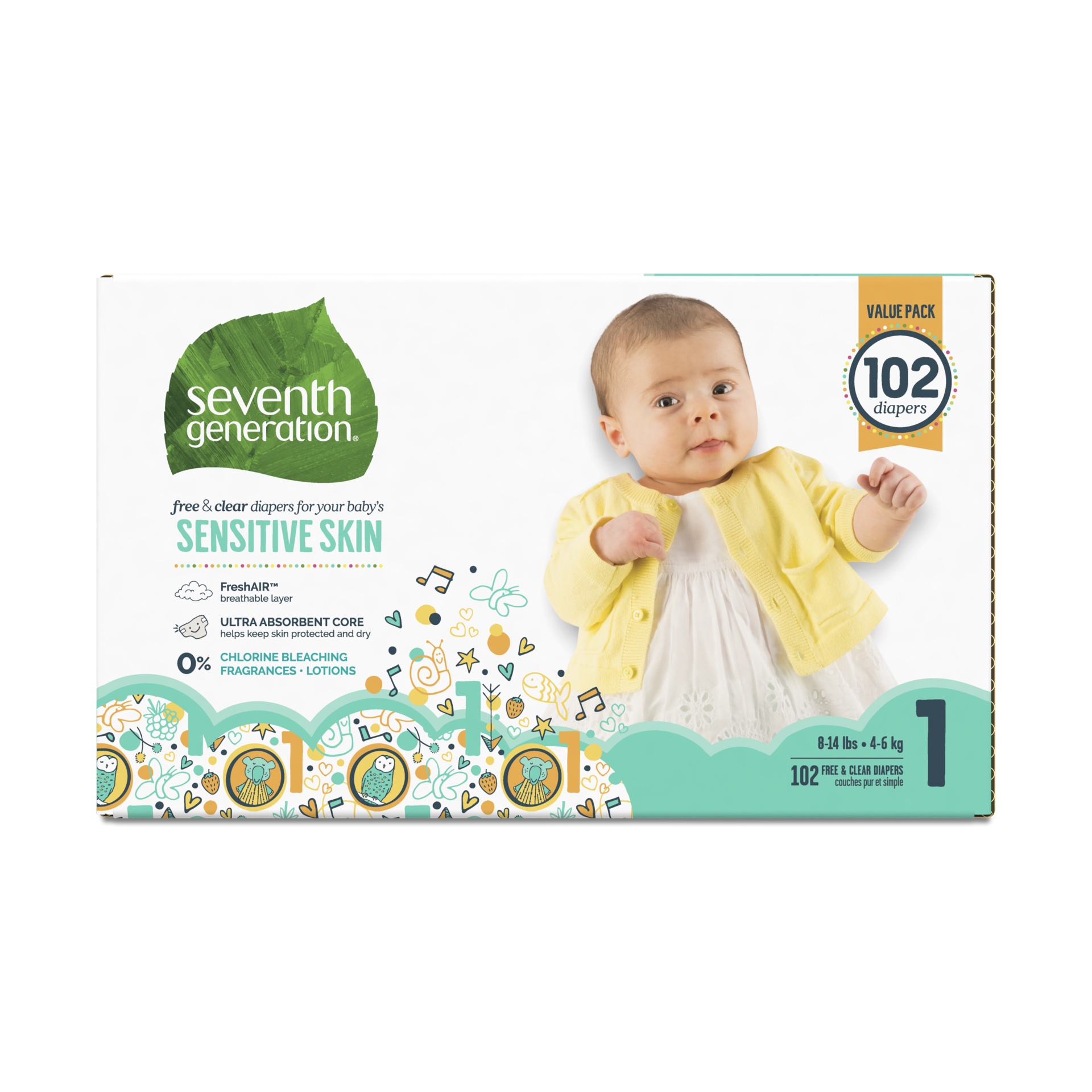 slide 1 of 4, Seventh Generation Free & Clear Diapers, 102 ct; Size 1