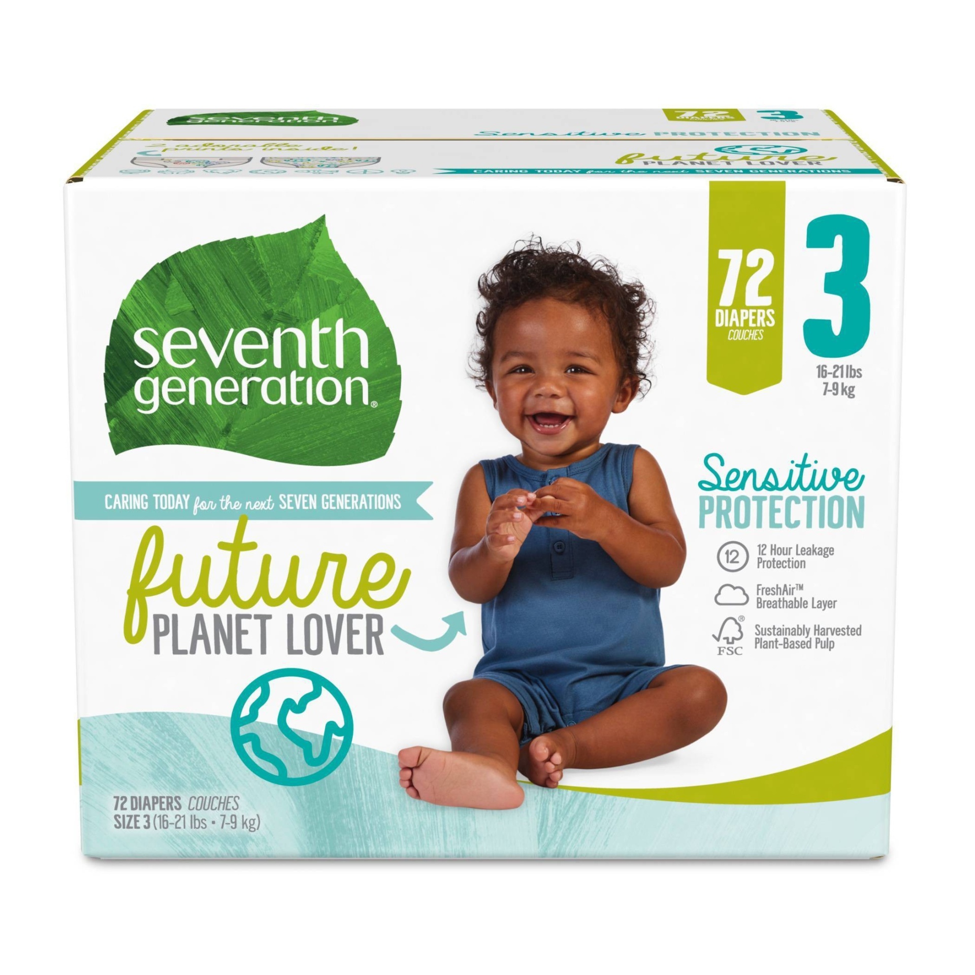 slide 1 of 7, Seventh Generation Sensitive Protection Diapers Super Pack - Size, 3 x 72 ct