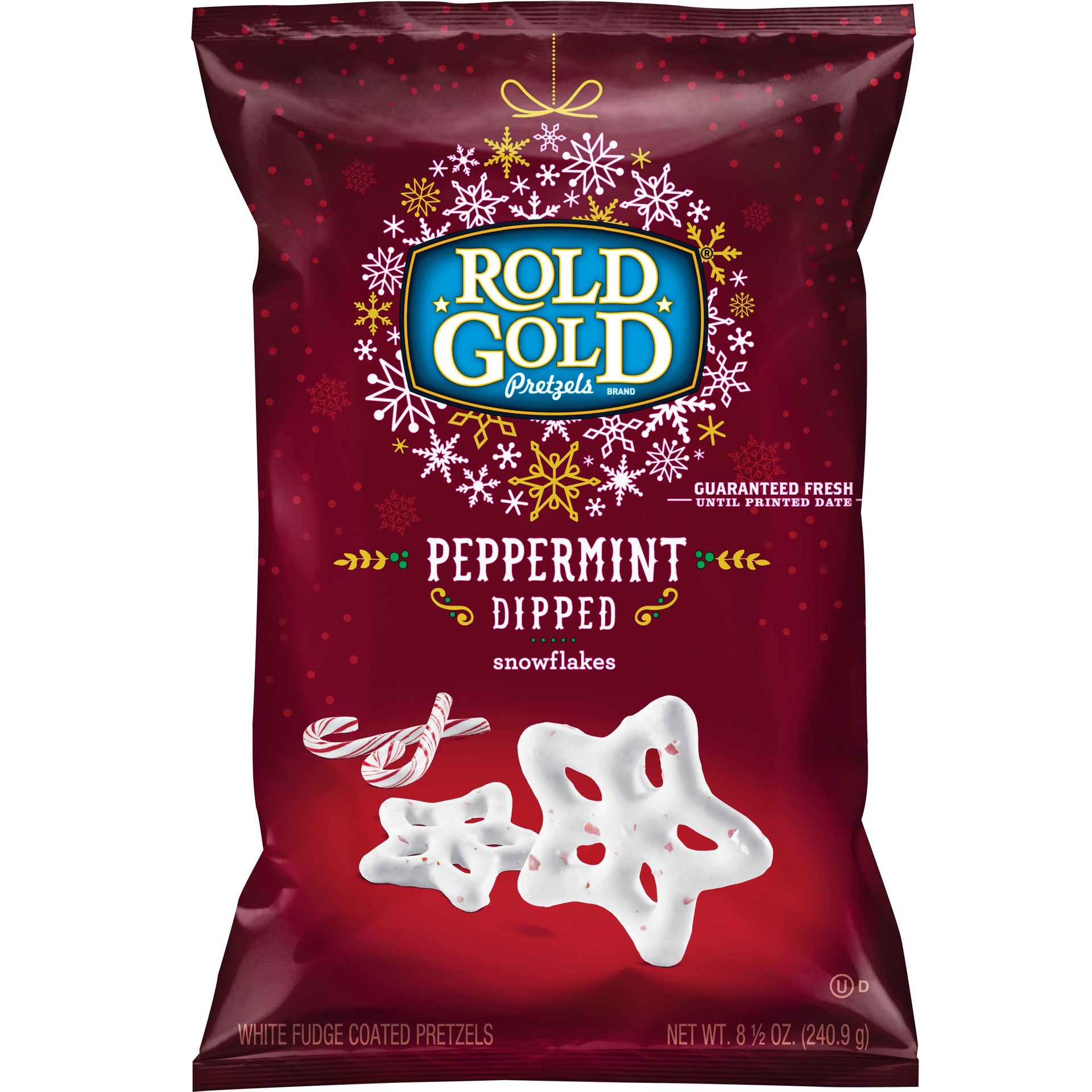 slide 1 of 5, Rold Gold White Fudge Coated Pretzels Peppermint Dipped Snowflakes 8.5 Oz, 8.5 oz